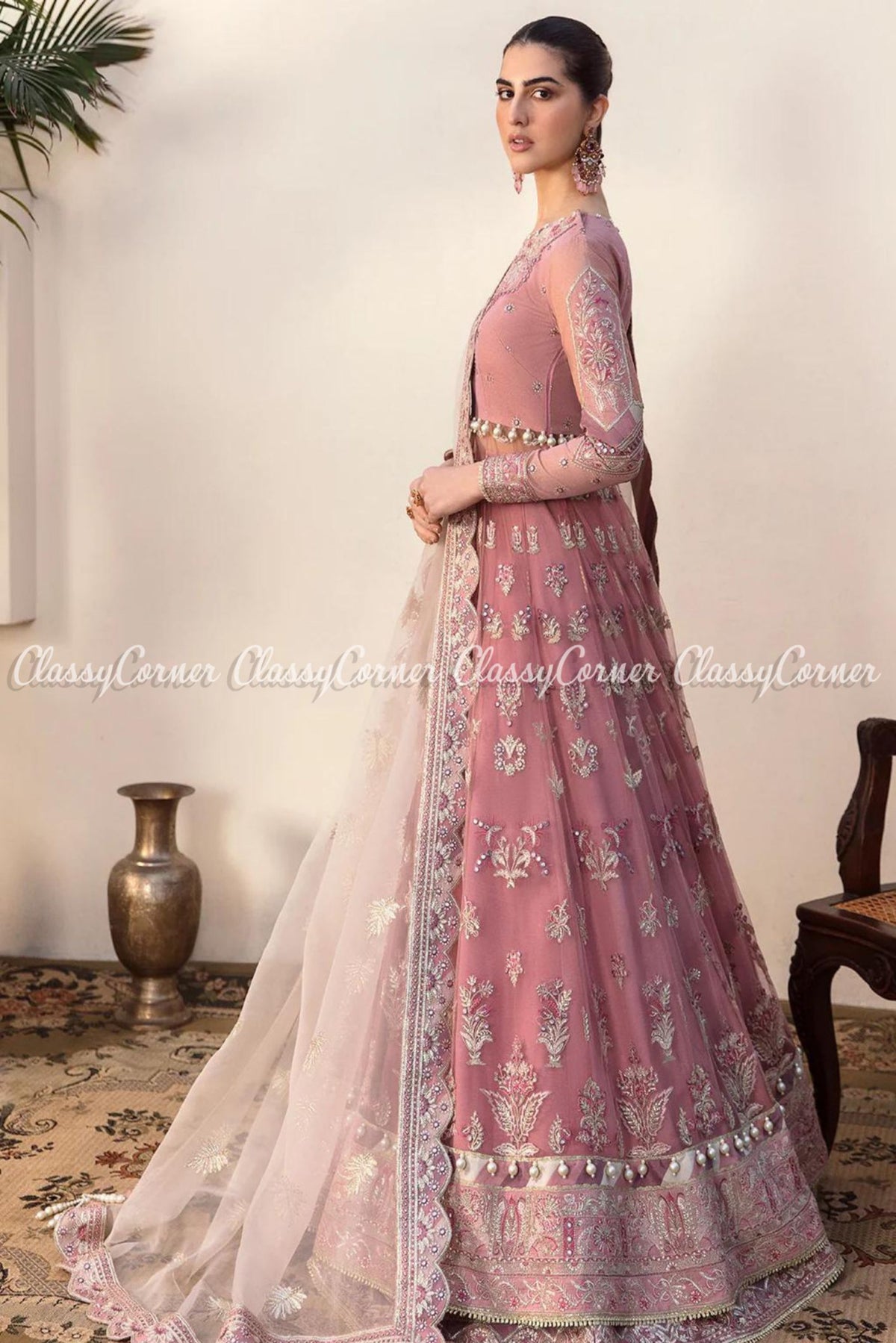 Pink White Net Embroidered Party Wear Gown Lehenga