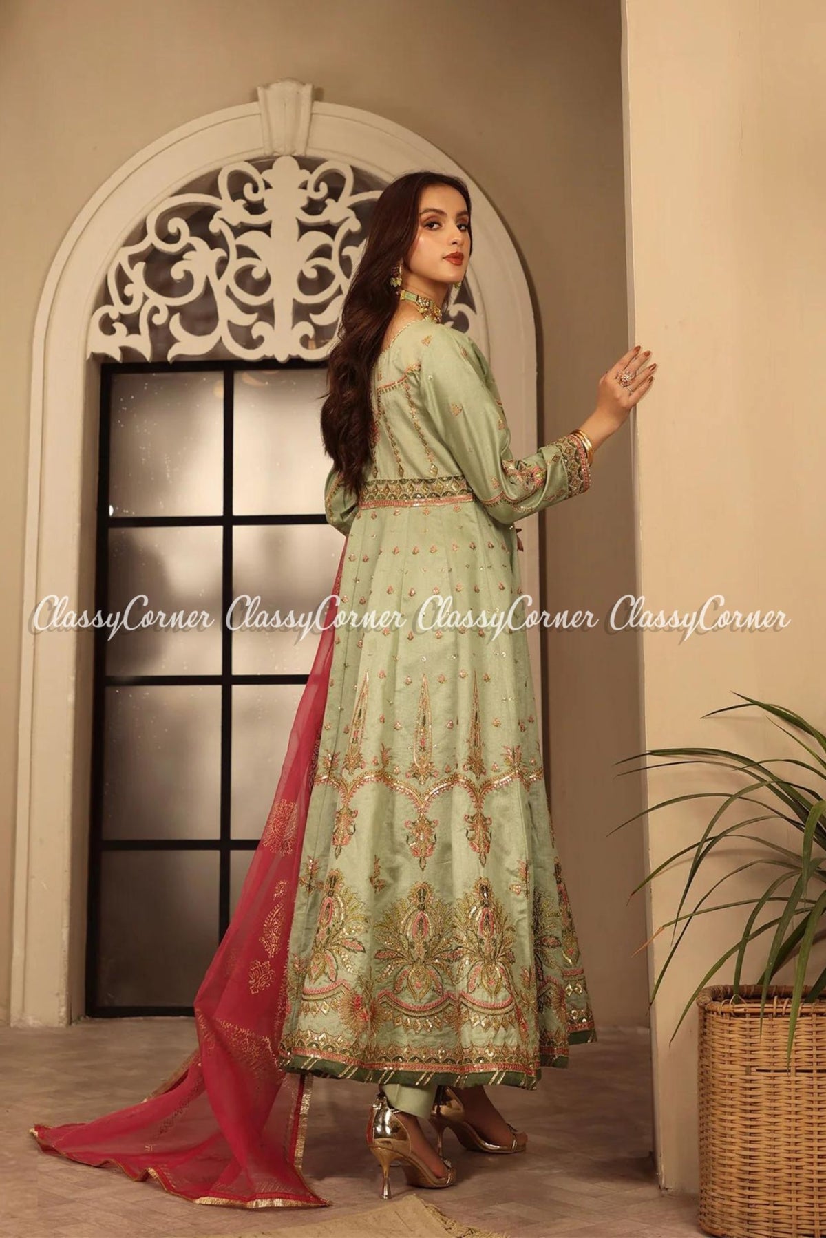 Pistachio Pink Katan Embroidered Party Wear Maxi