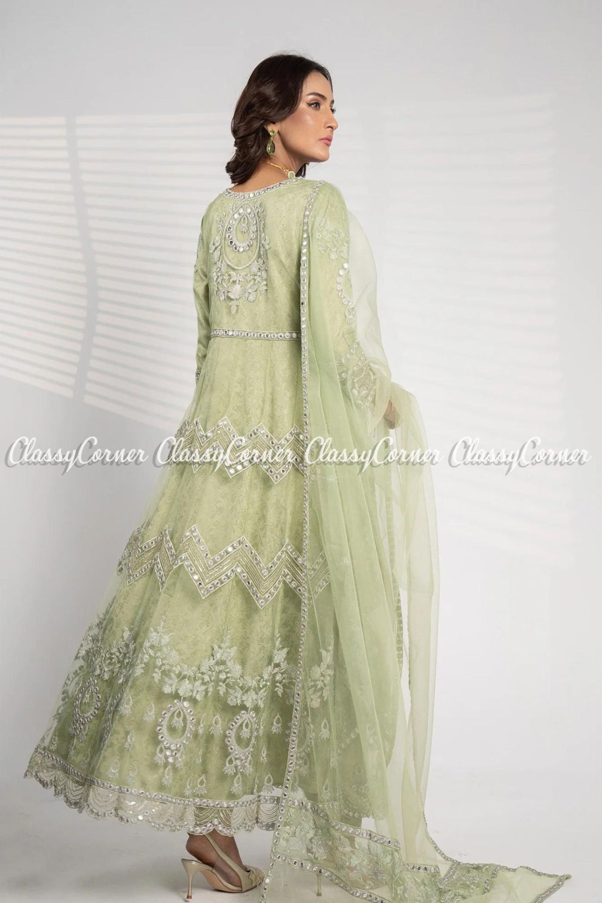 Pista Lime Net Embellished Readymade Maxi