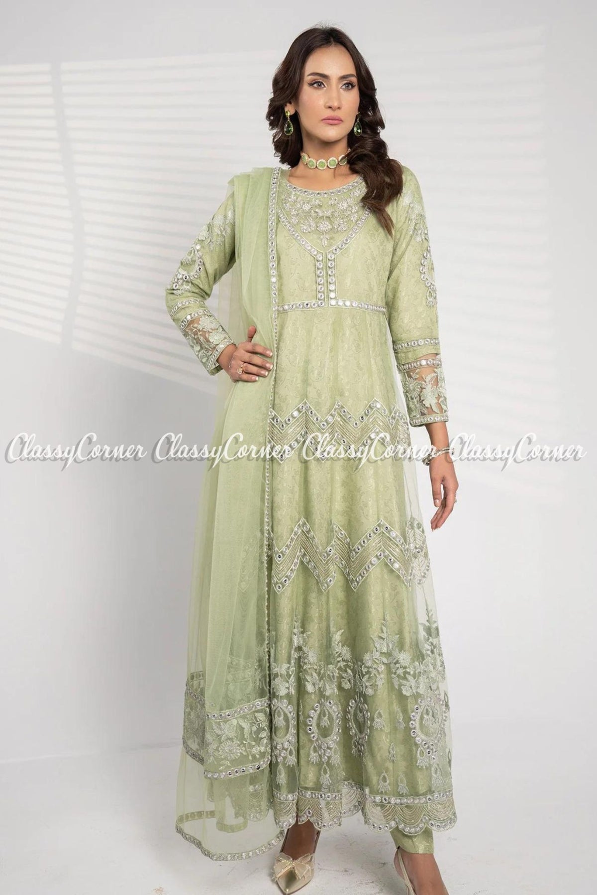 Pista Lime Net Embellished Readymade Maxi