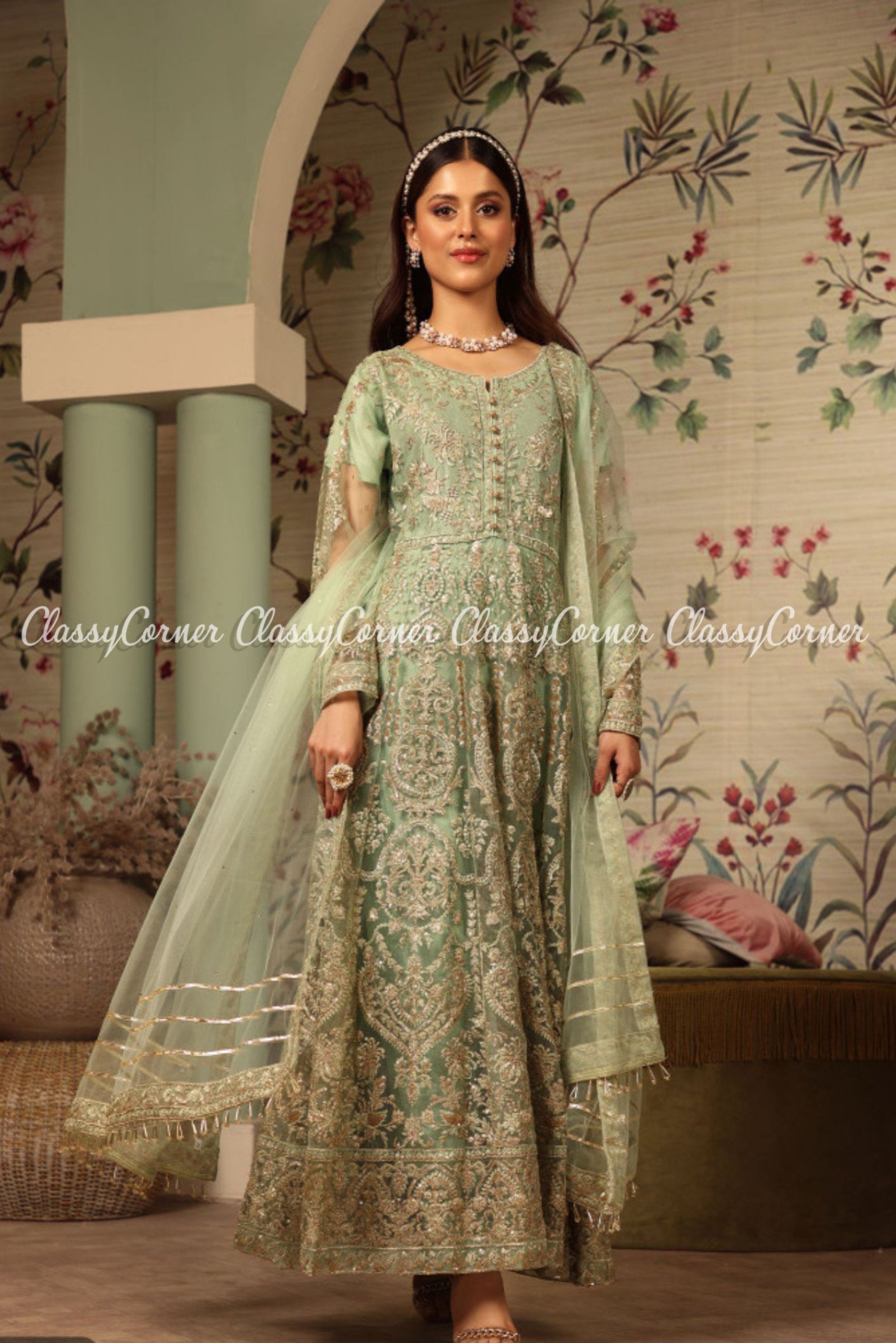 Pishwas Frock Lehenga Lime Green Pakistani Bridal Dress | Pakistani dresses,  Pakistani bridal dress, Green pakistani bridal dress