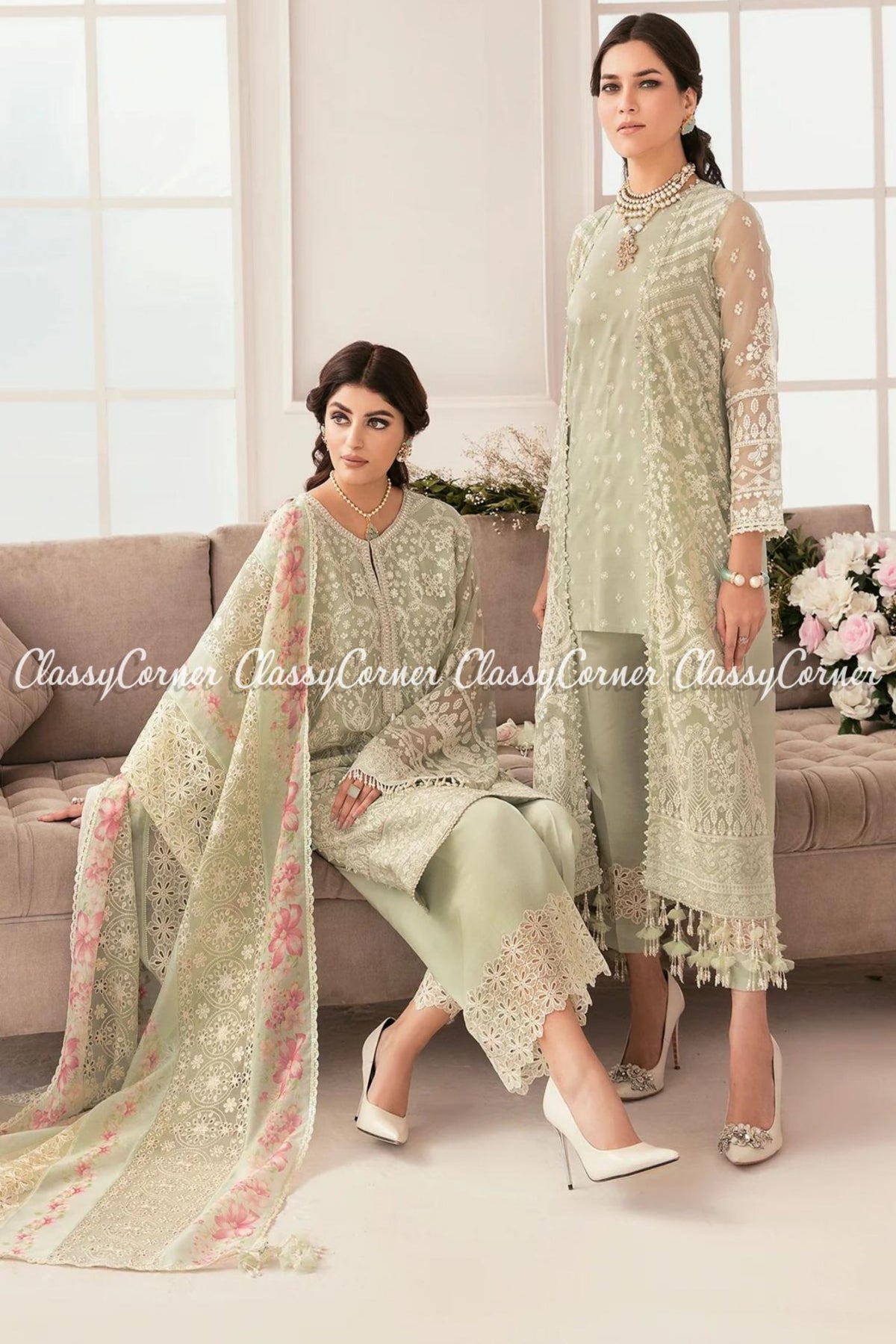 Pastel Green Pink Chiffon Pakistani Salwar Kameez Gown