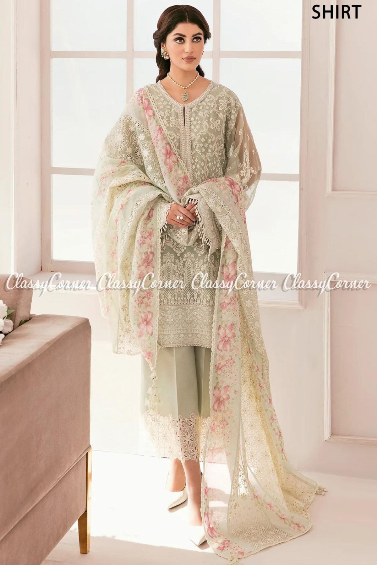 Pastel Green Pink Chiffon Pakistani Salwar Kameez Gown