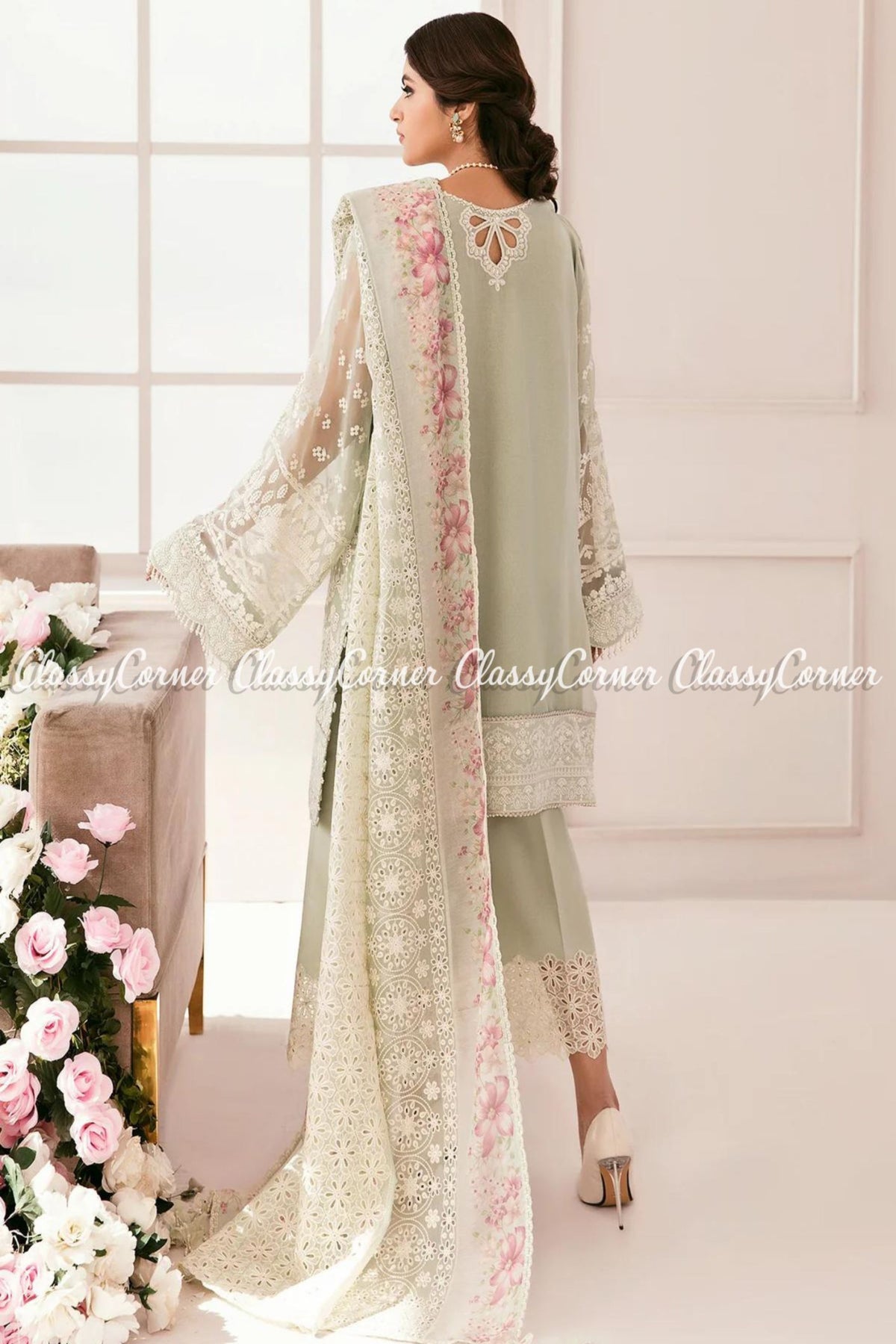 Pastel Green Pink Chiffon Pakistani Salwar Kameez Gown