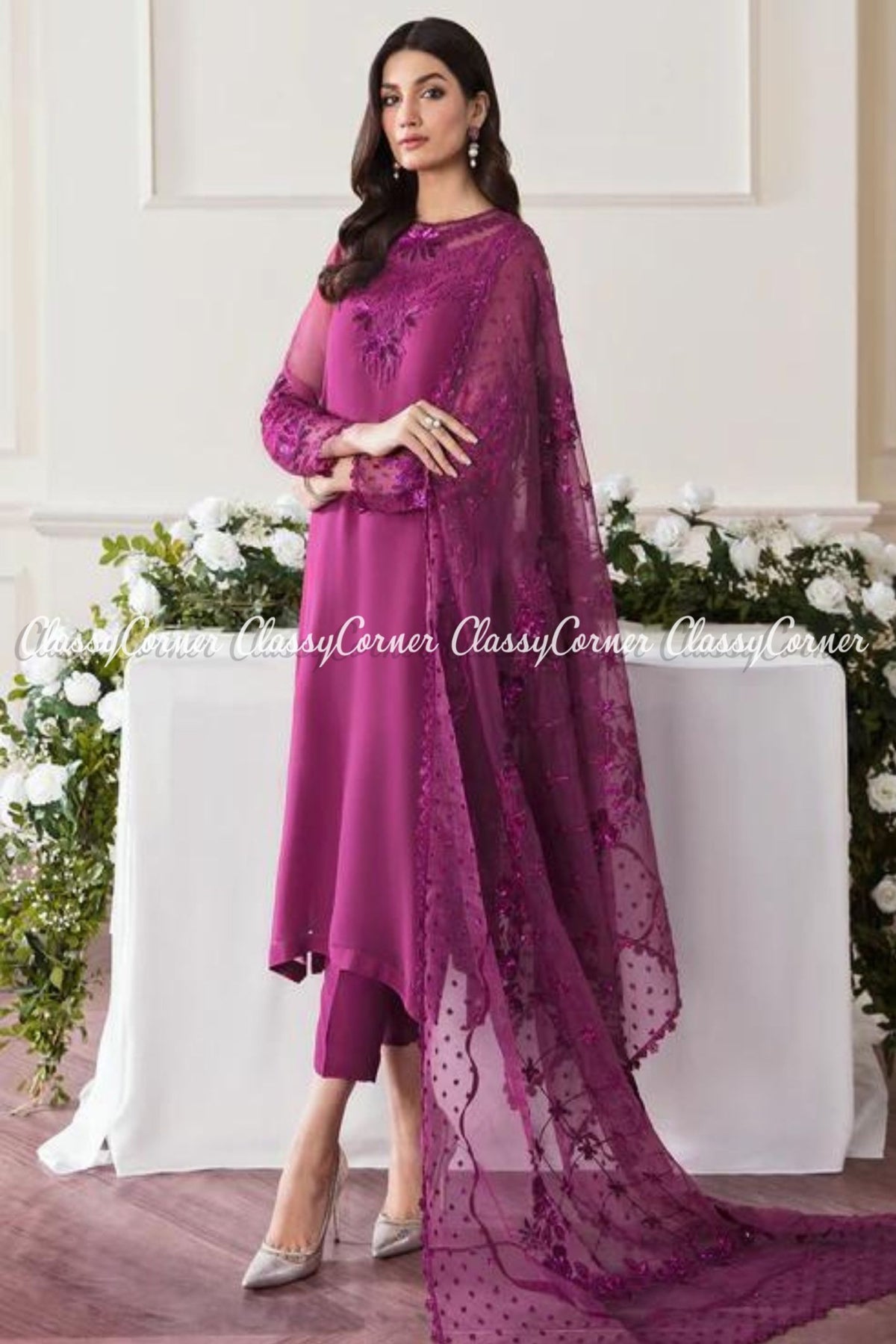 Pakistani Plum Chiffon Embroidered 3PC Salwar Kameez