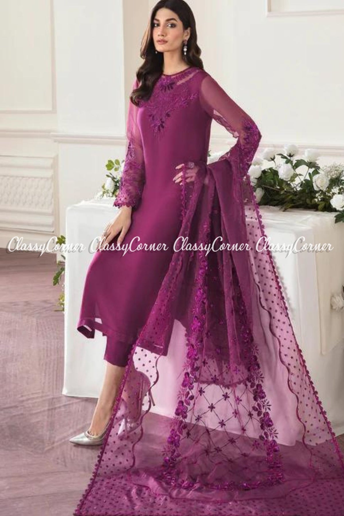 Pakistani Plum Chiffon Embroidered 3PC Salwar Kameez