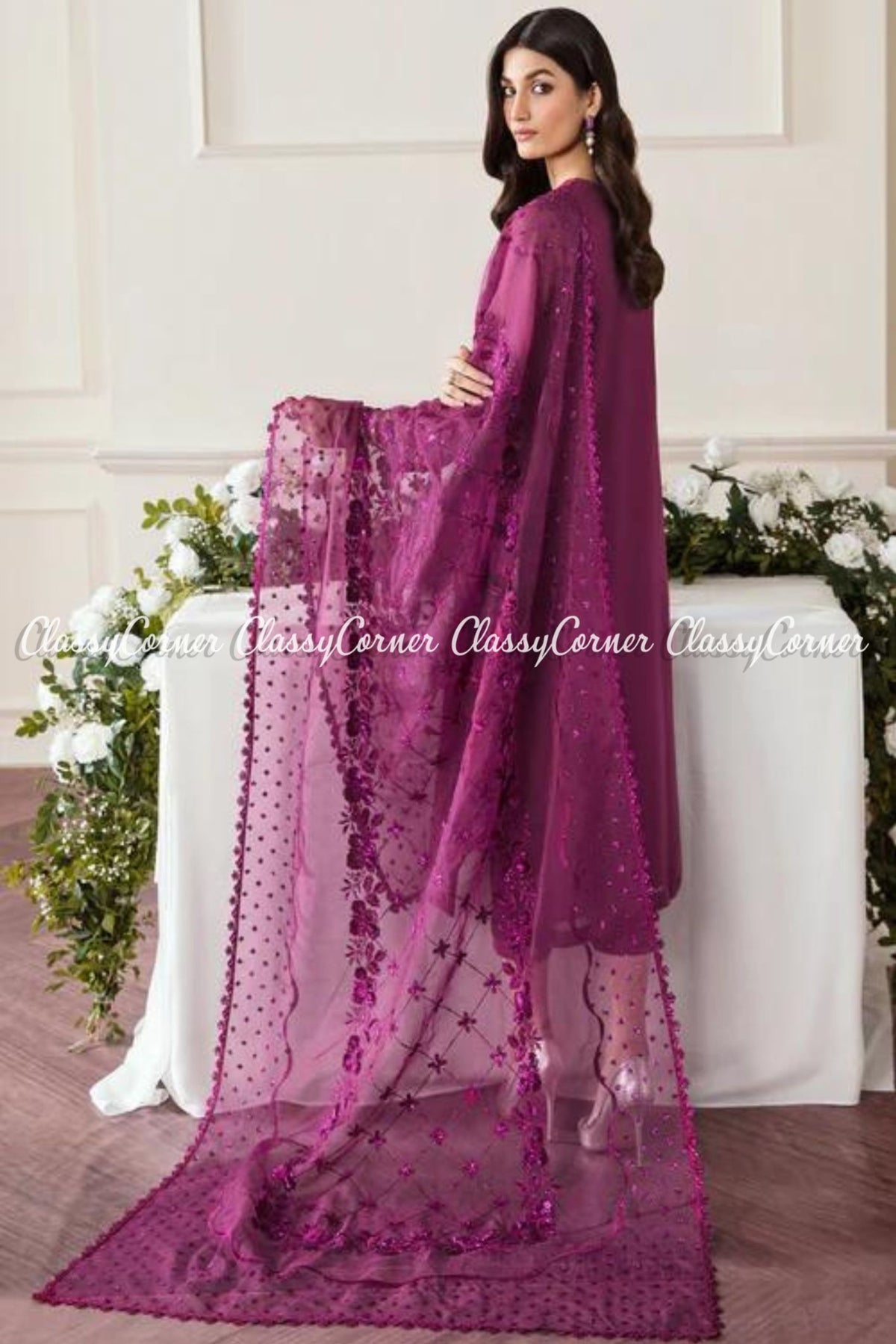 Pakistani Plum Chiffon Embroidered 3PC Salwar Kameez