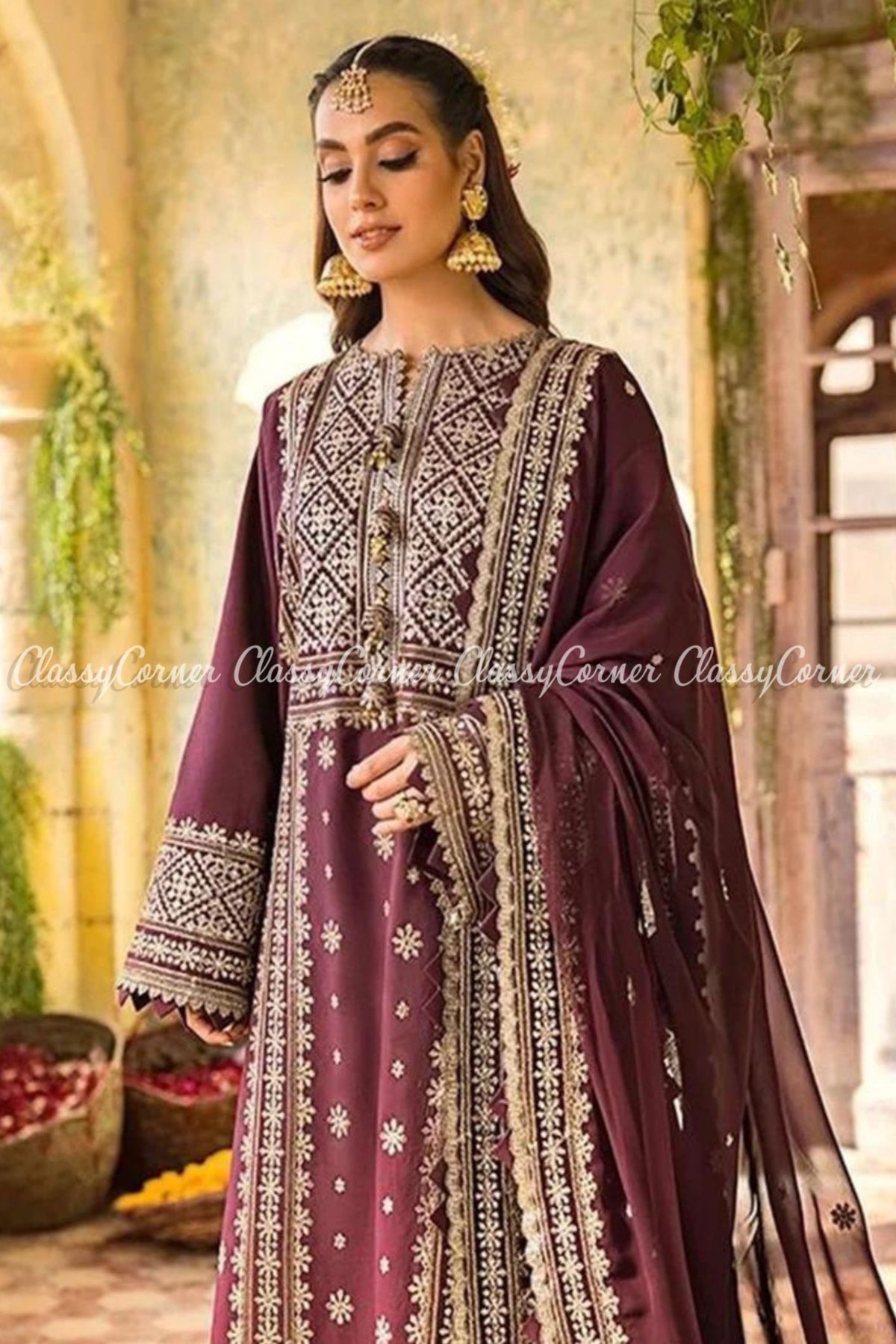 Plum Gold Embroidered Lawn Party Wear Sharara Dress