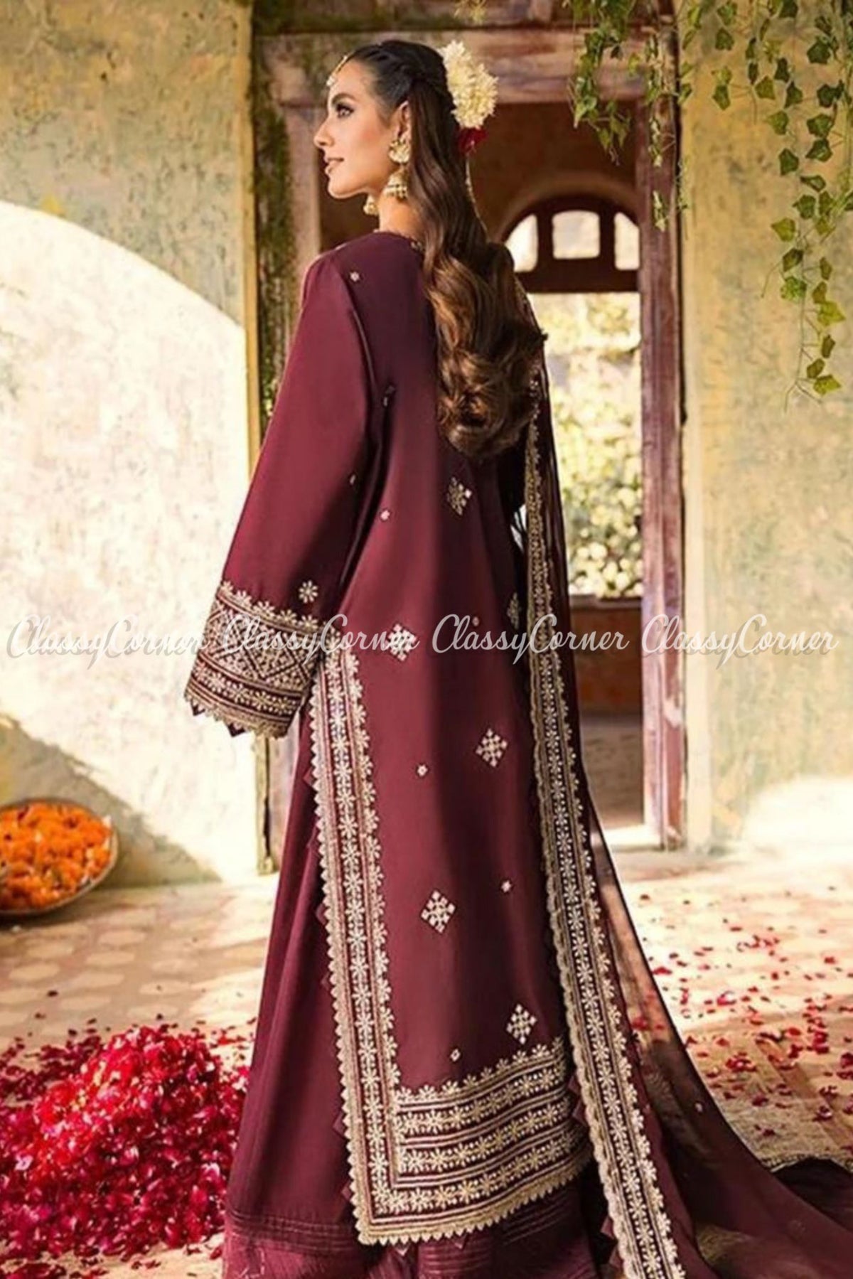Plum Gold Embroidered Lawn Party Wear Sharara Dress