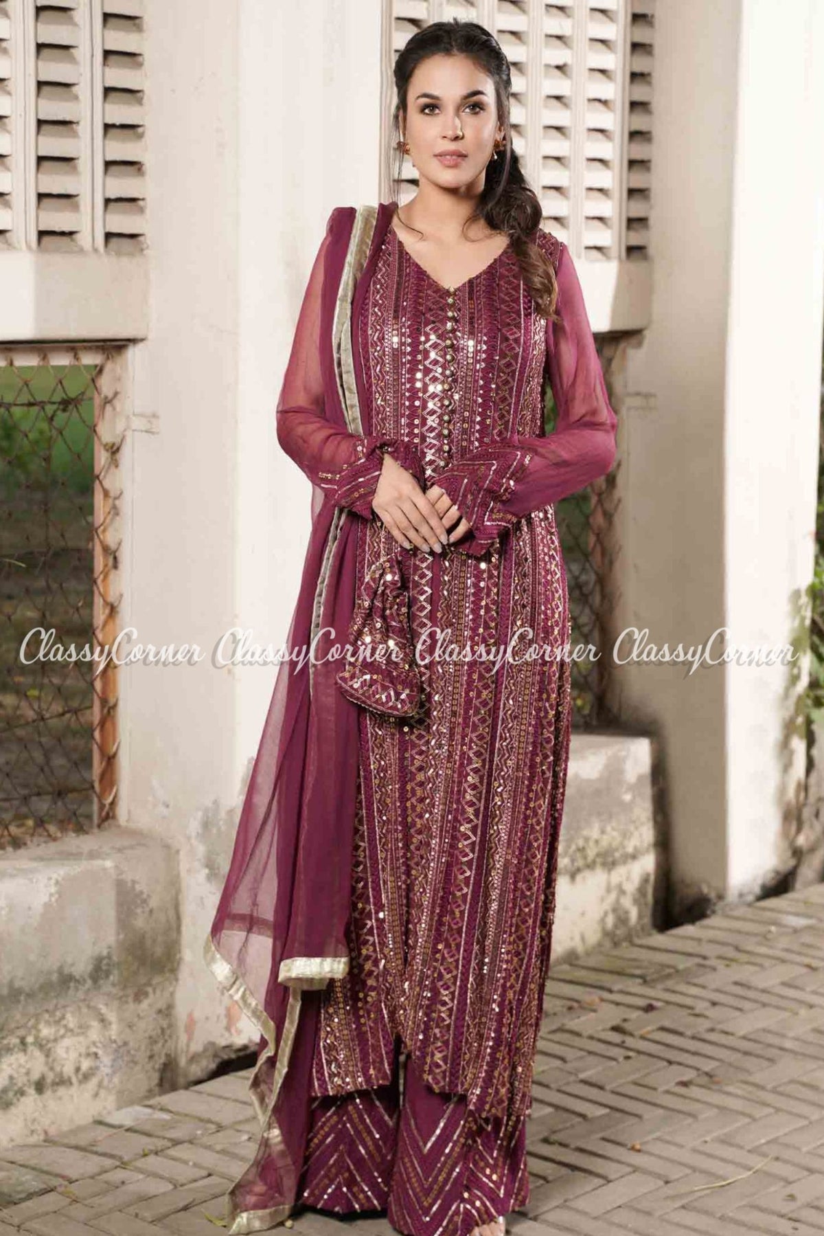 Plum Chiffon Embroidered Pakistani Party Wear Outfit