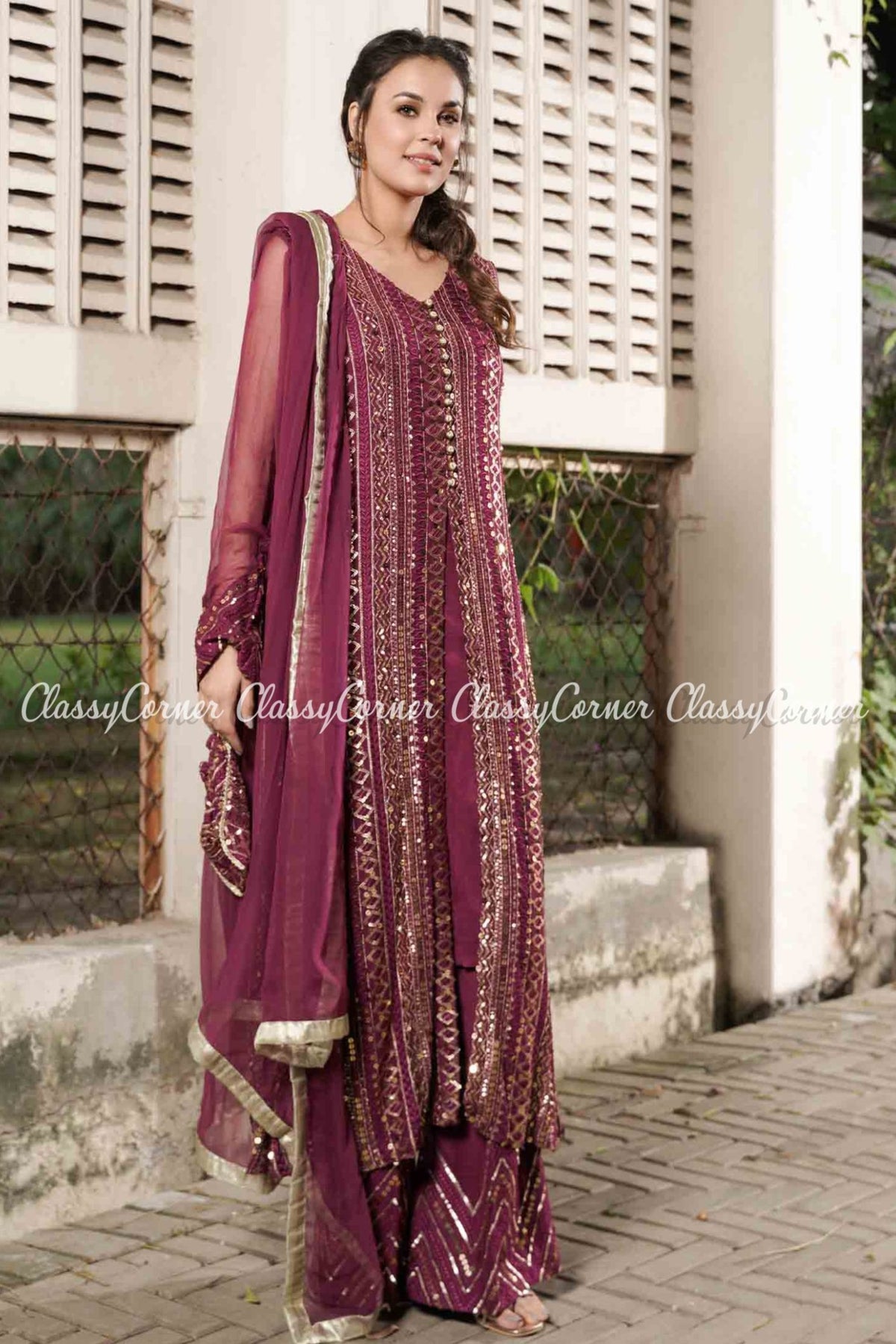 Plum Chiffon Embroidered Pakistani Party Wear Outfit