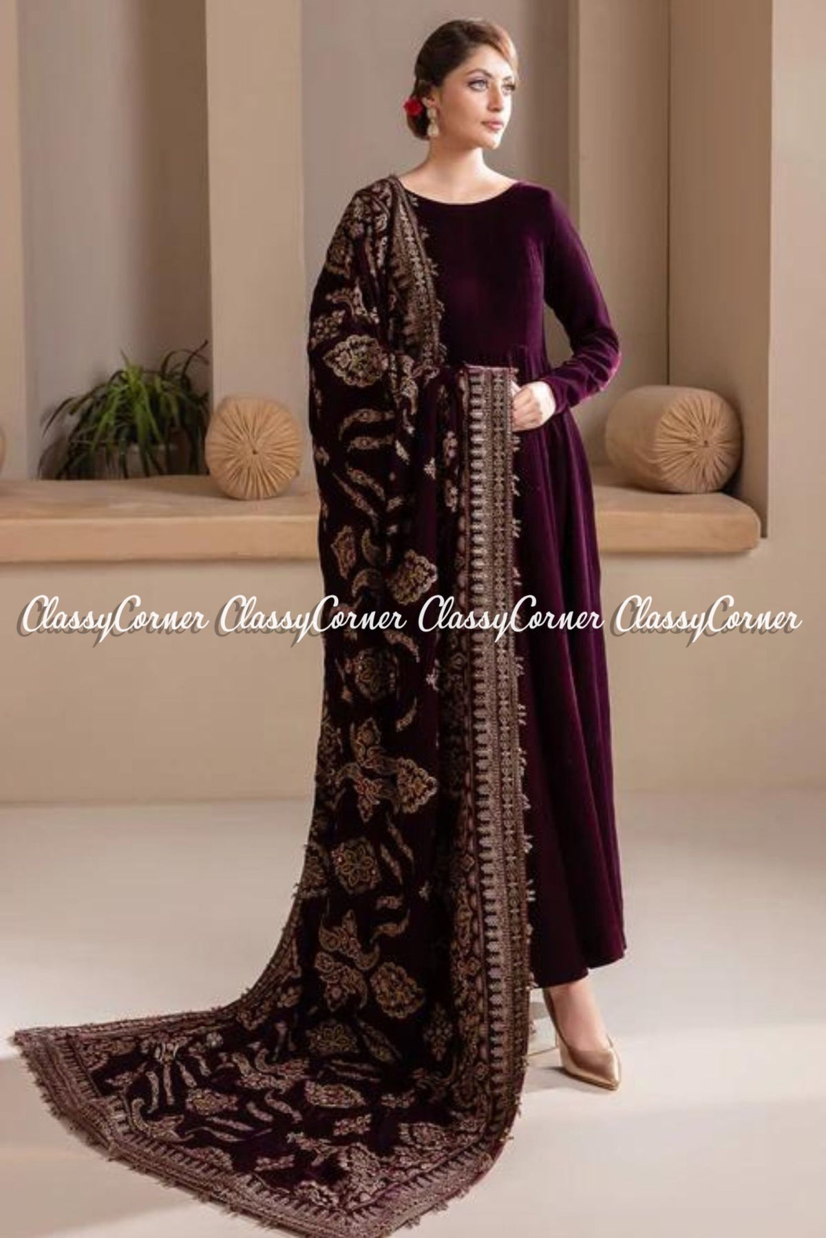 Pakistani Plum Golden Velvet Embroidered Shawl