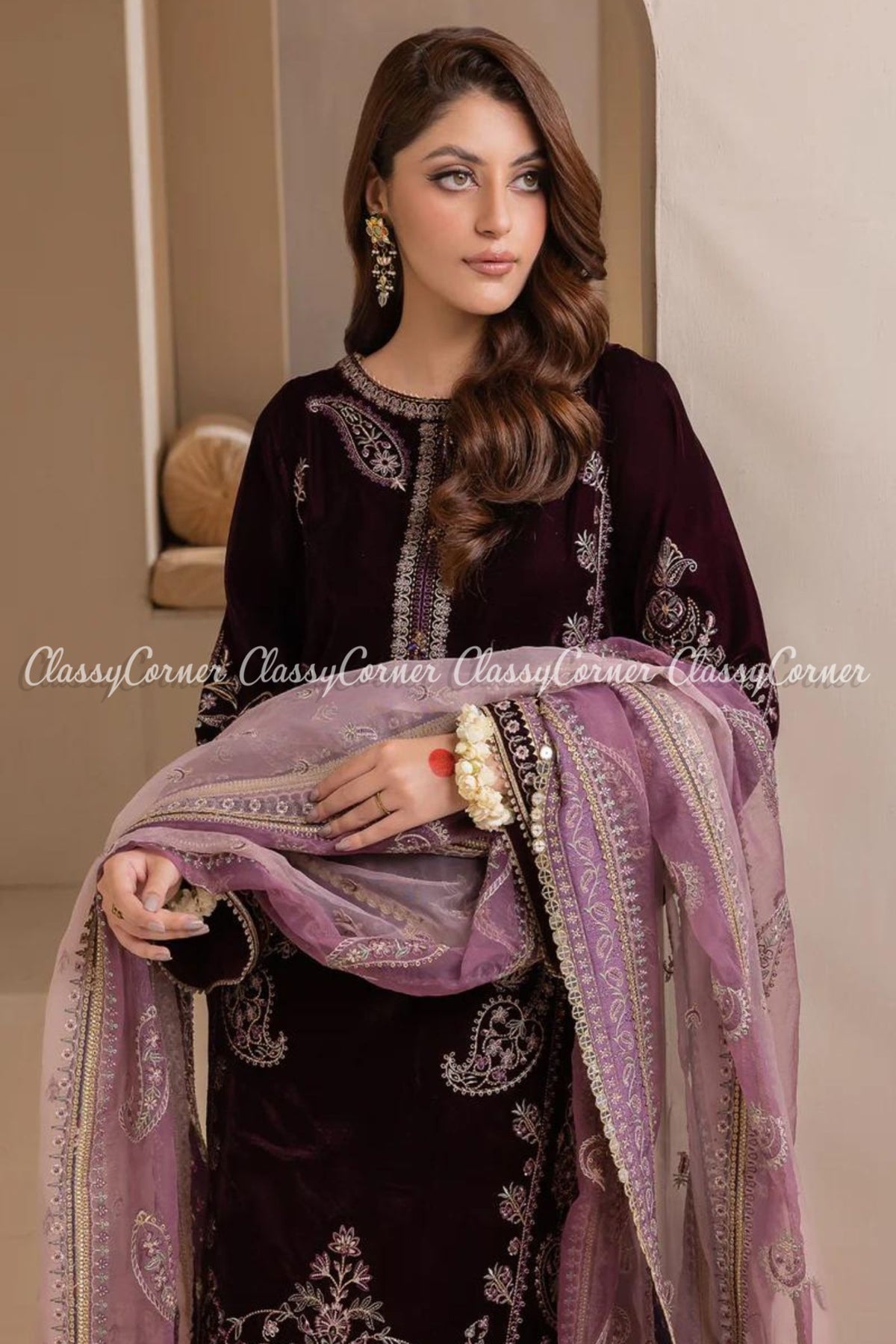 Pakistani Purple Velvet Embroidered Wedding Wear Salwar Kameez