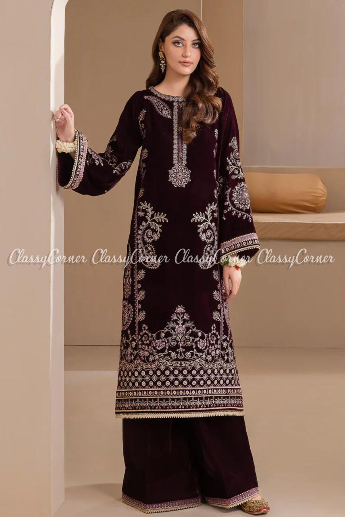 Pakistani Purple Velvet Embroidered Wedding Wear Salwar Kameez