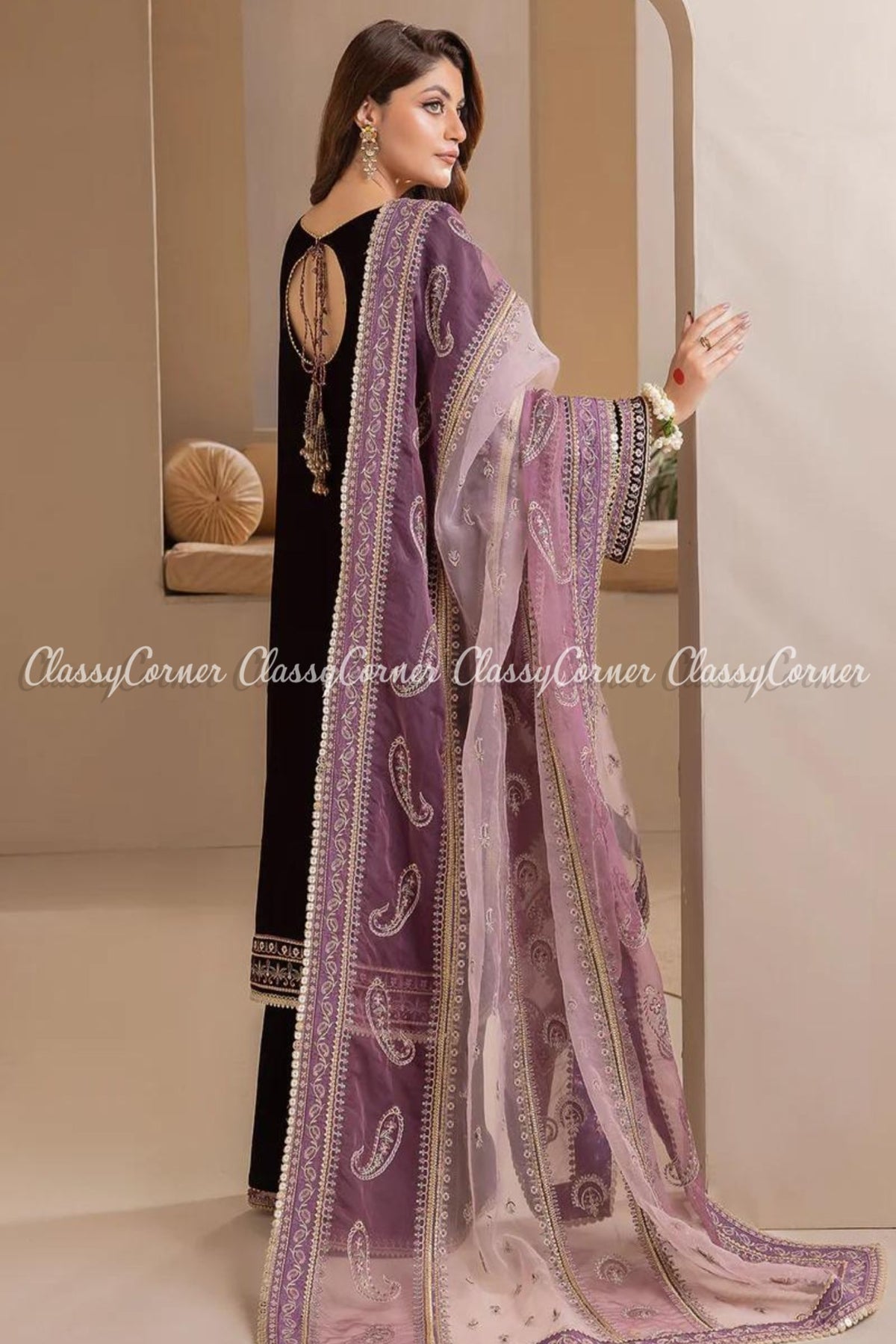 Pakistani Purple Velvet Embroidered Wedding Wear Salwar Kameez