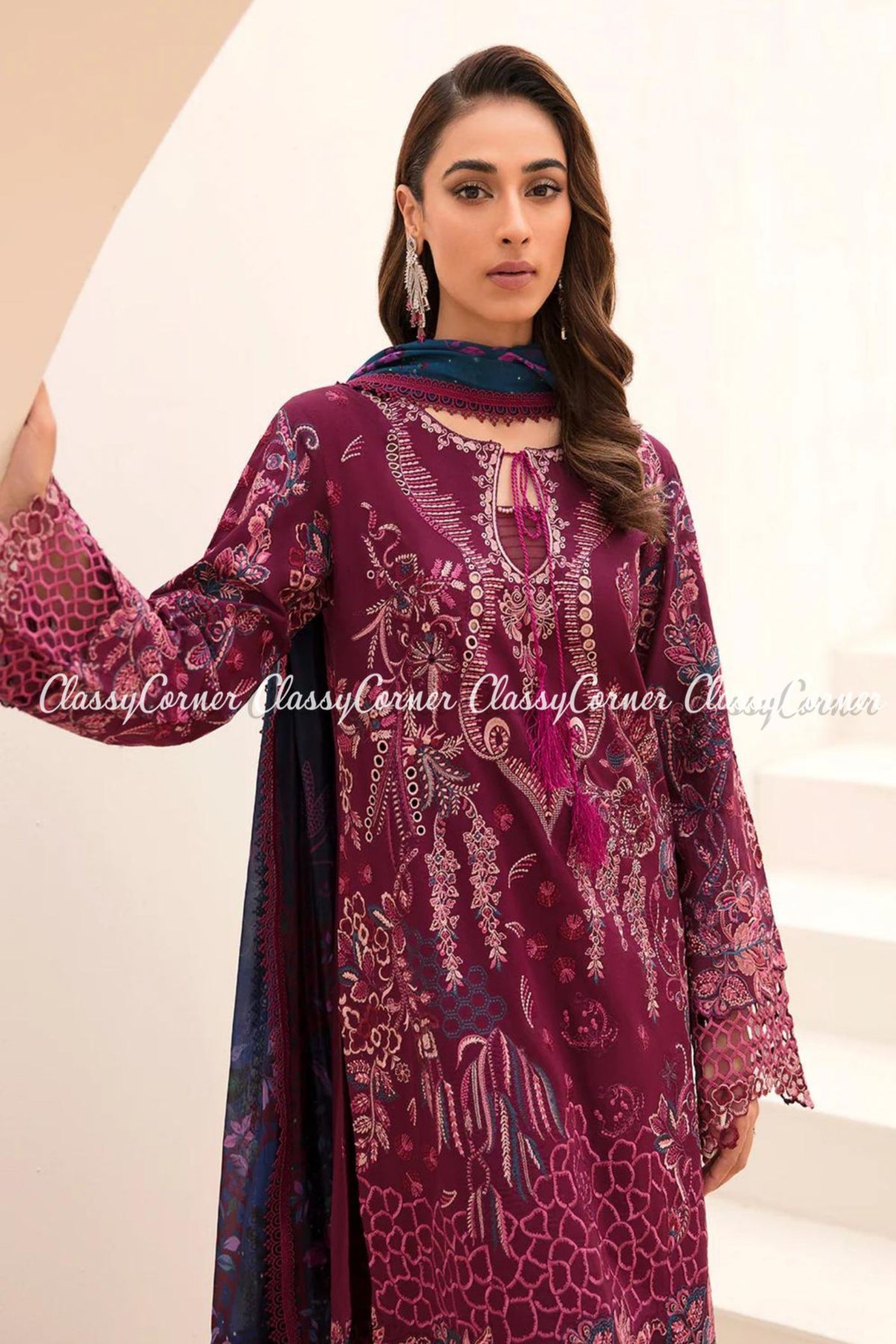 Plum Blue Lawn Embroidered Pakistani Salwar Kameez