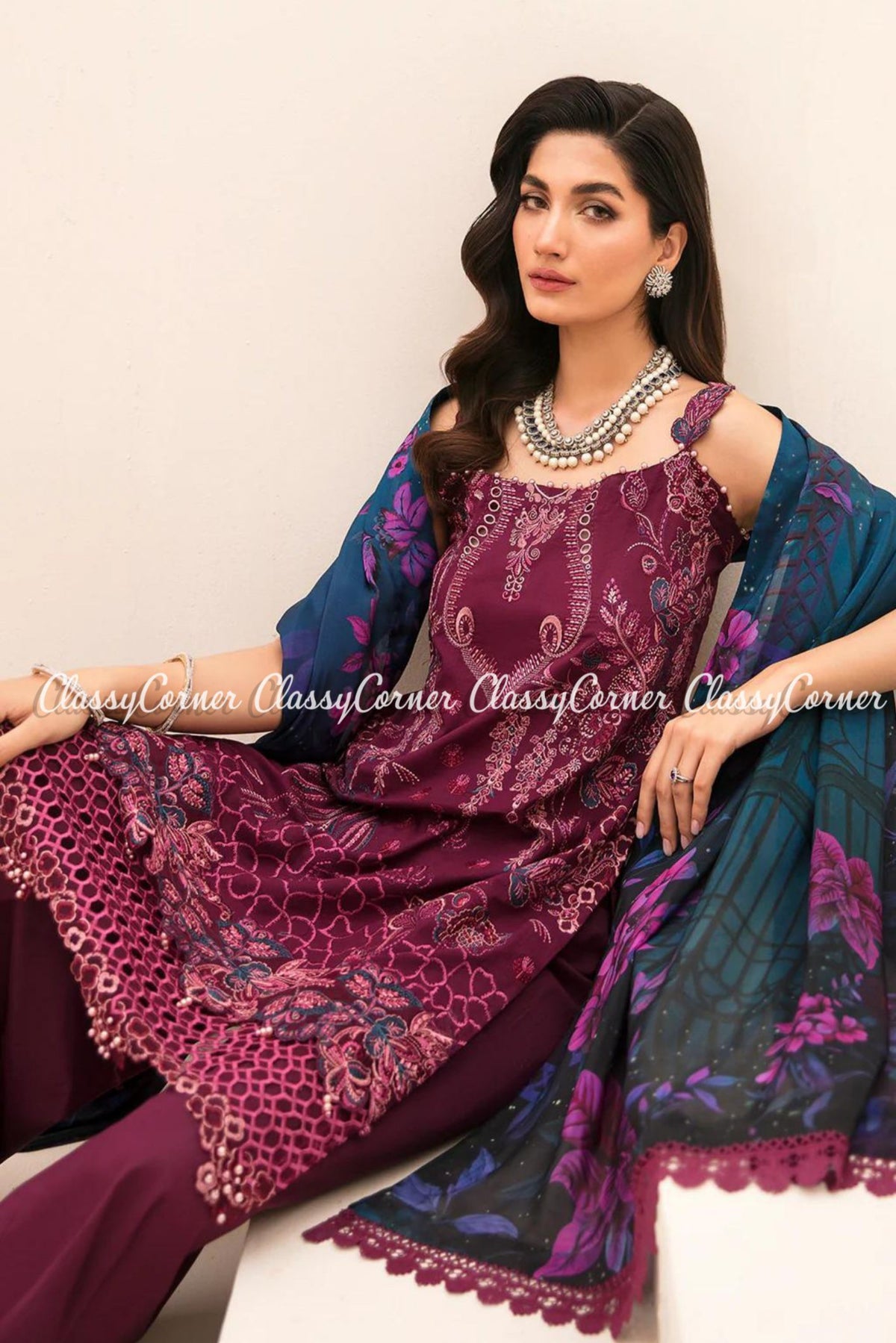 Plum Blue Lawn Embroidered Pakistani Salwar Kameez