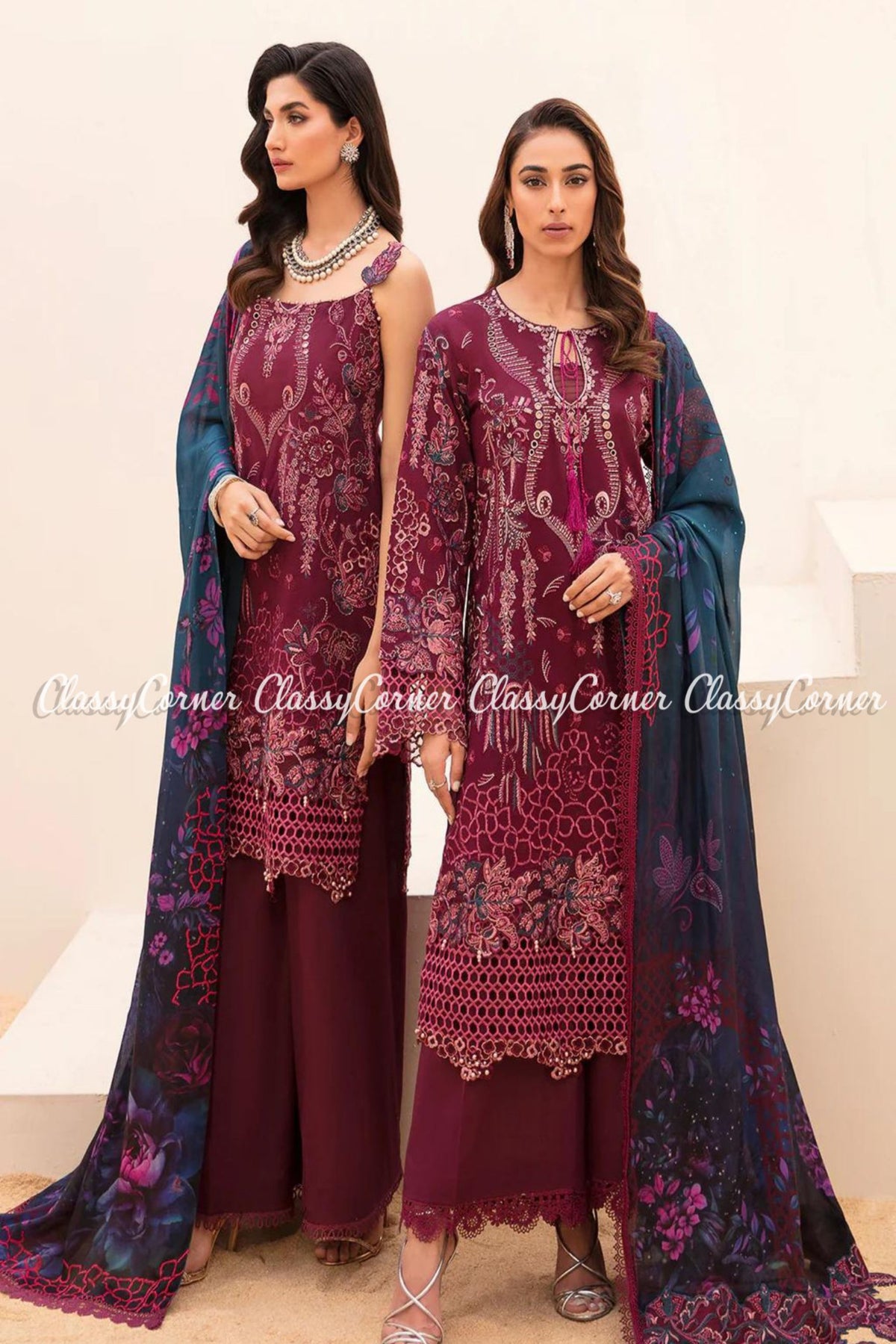 Plum Blue Lawn Embroidered Pakistani Salwar Kameez