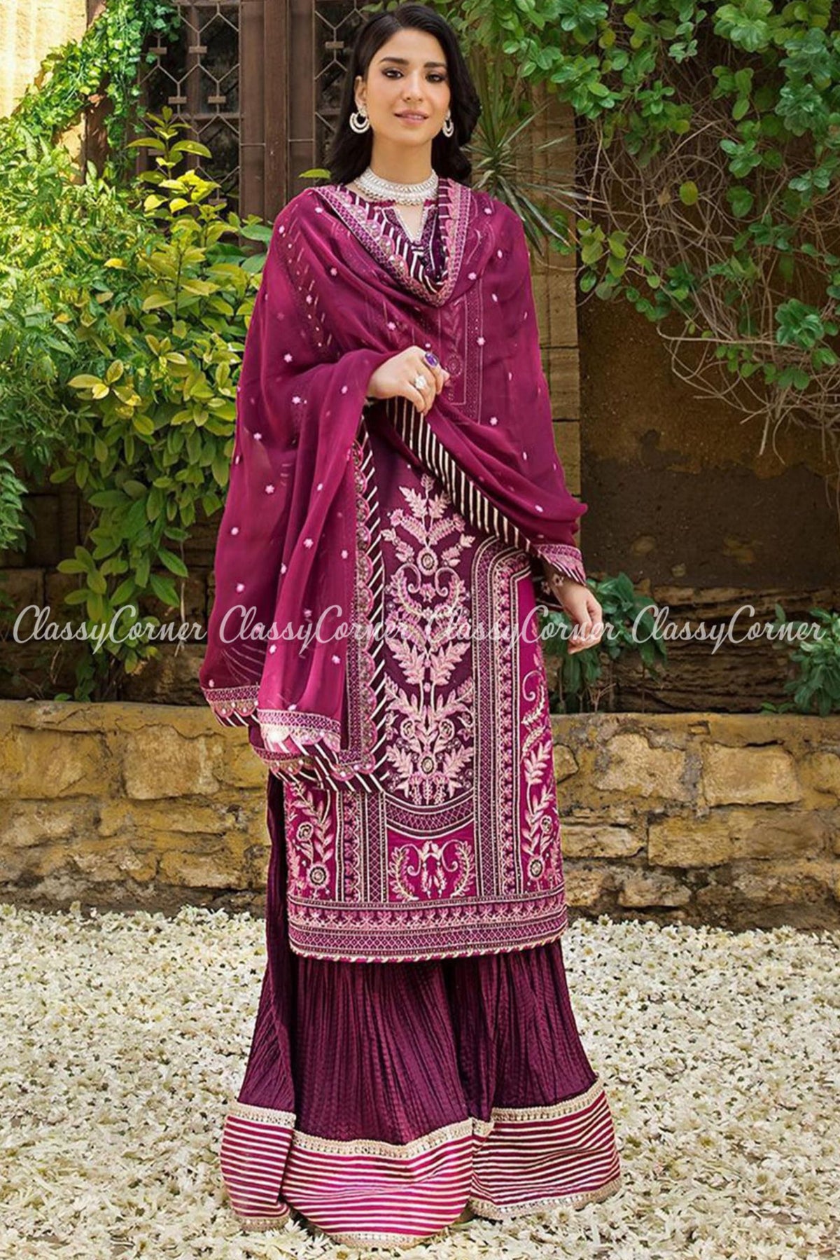 Purple Lawn Embroidered Party Wear Sharara