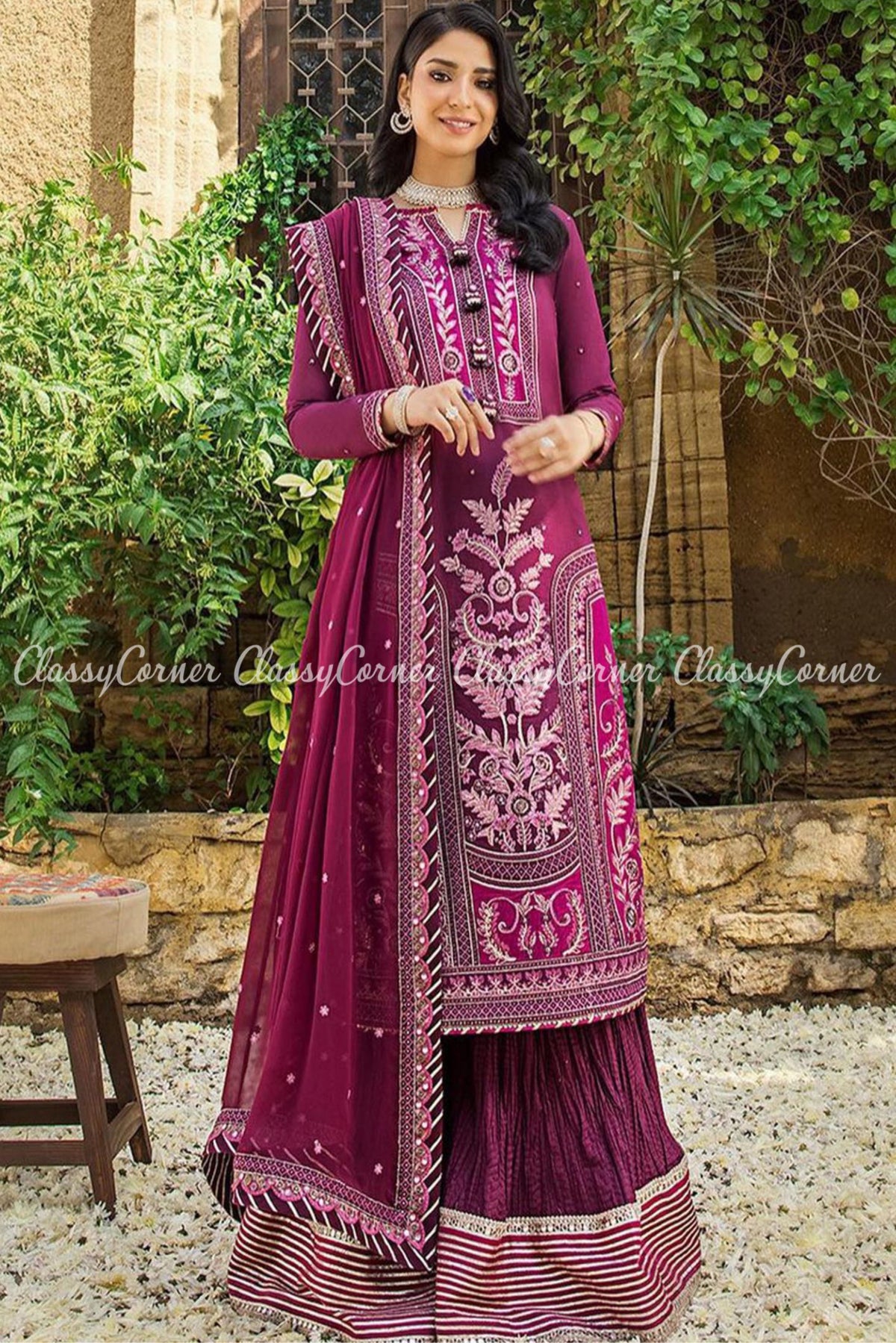 Purple Lawn Embroidered Party Wear Sharara