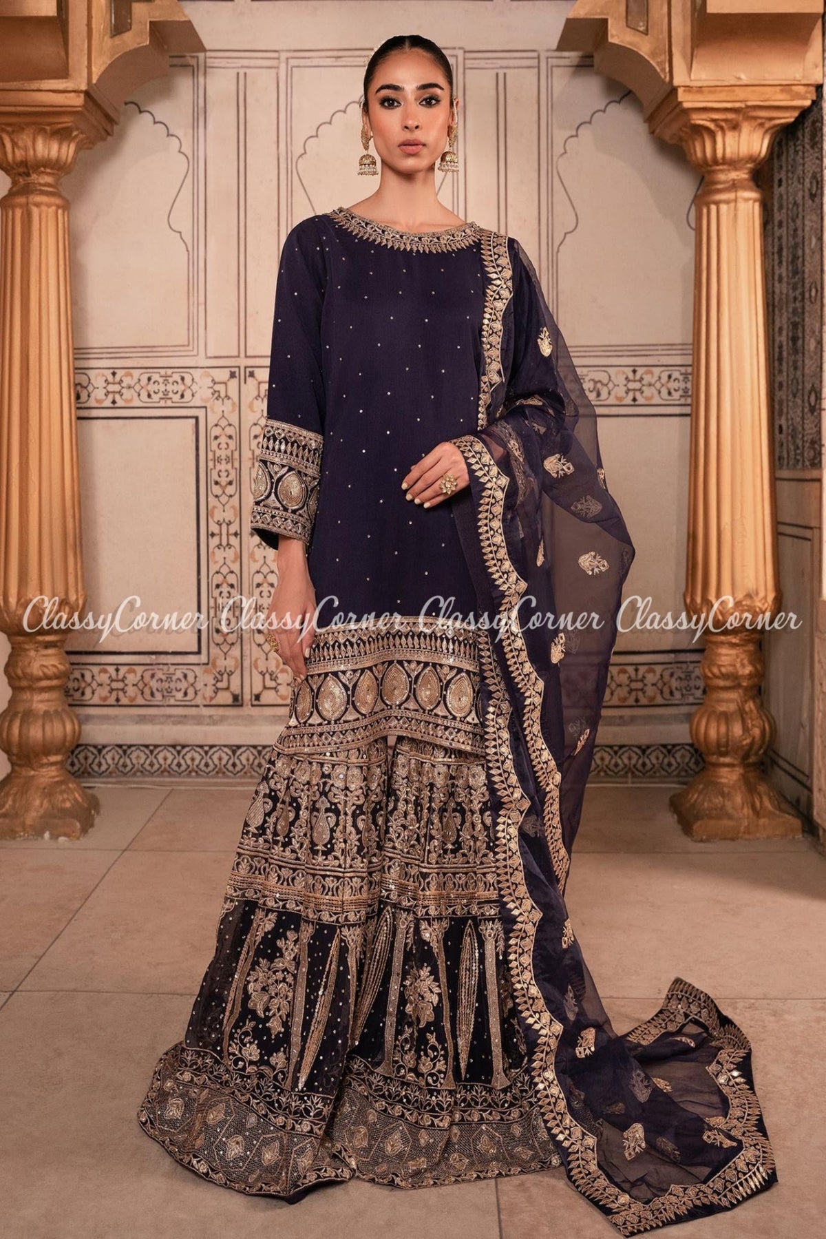 Pakistani Purple Golden Chiffon Embroidered Gharara