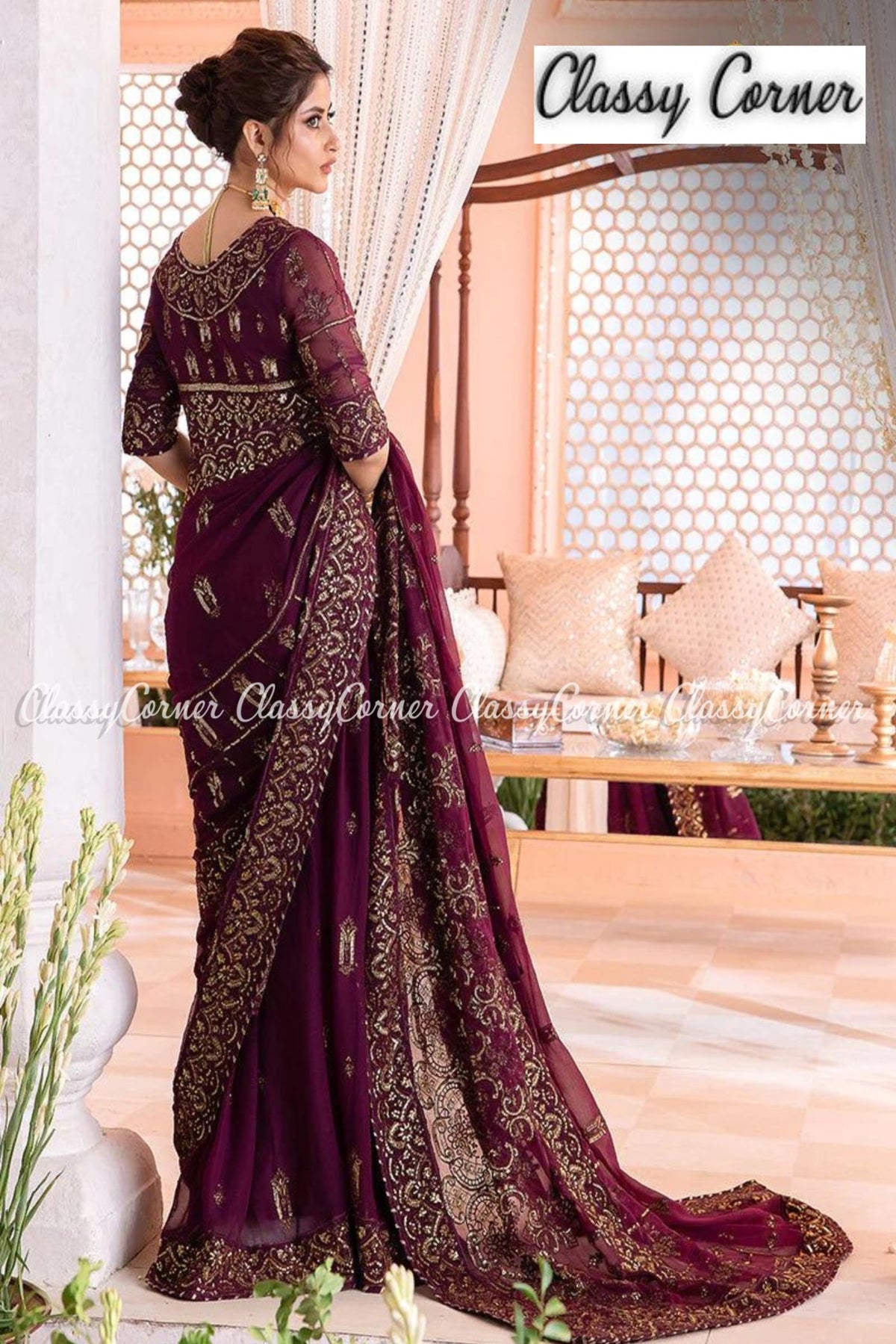 Purple Golden Chiffon Party Wear Saree