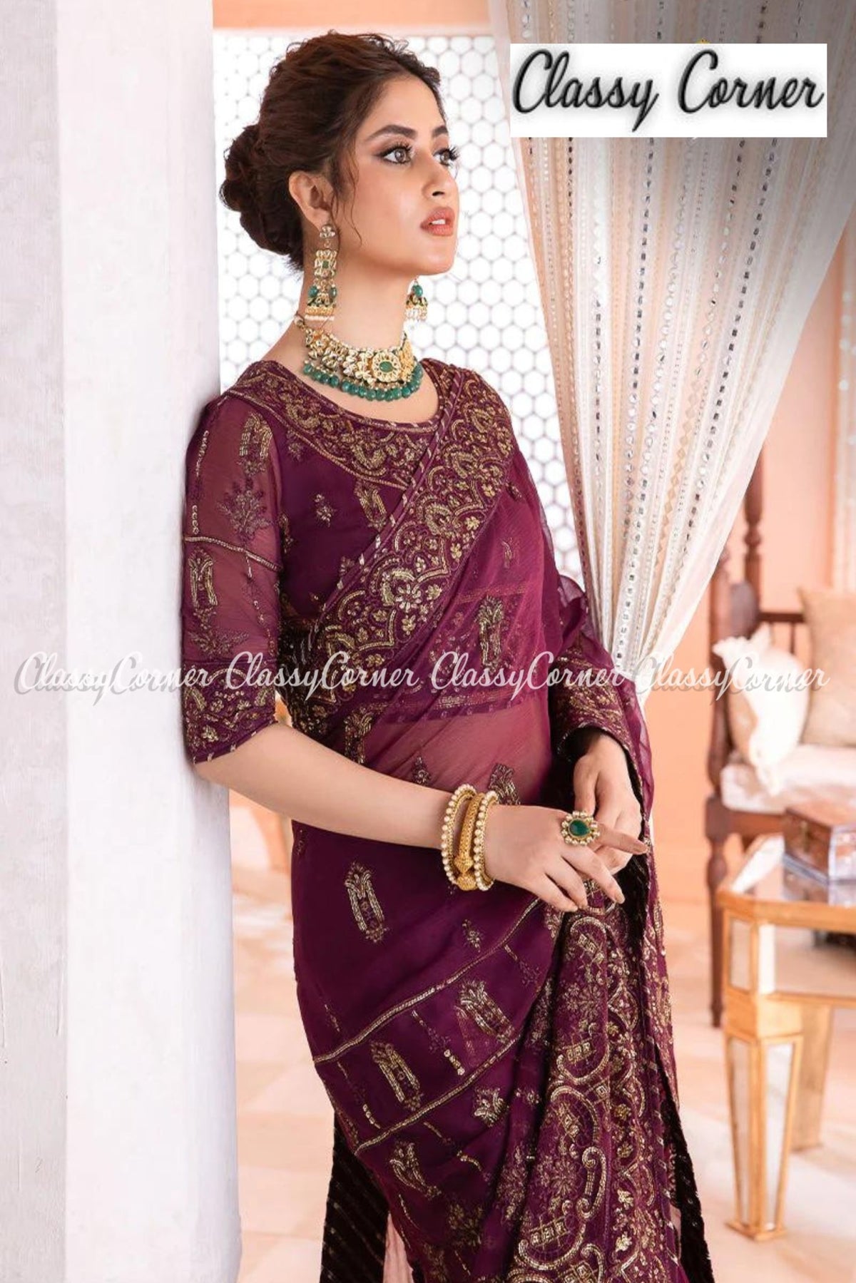 Purple Golden Chiffon Party Wear Saree