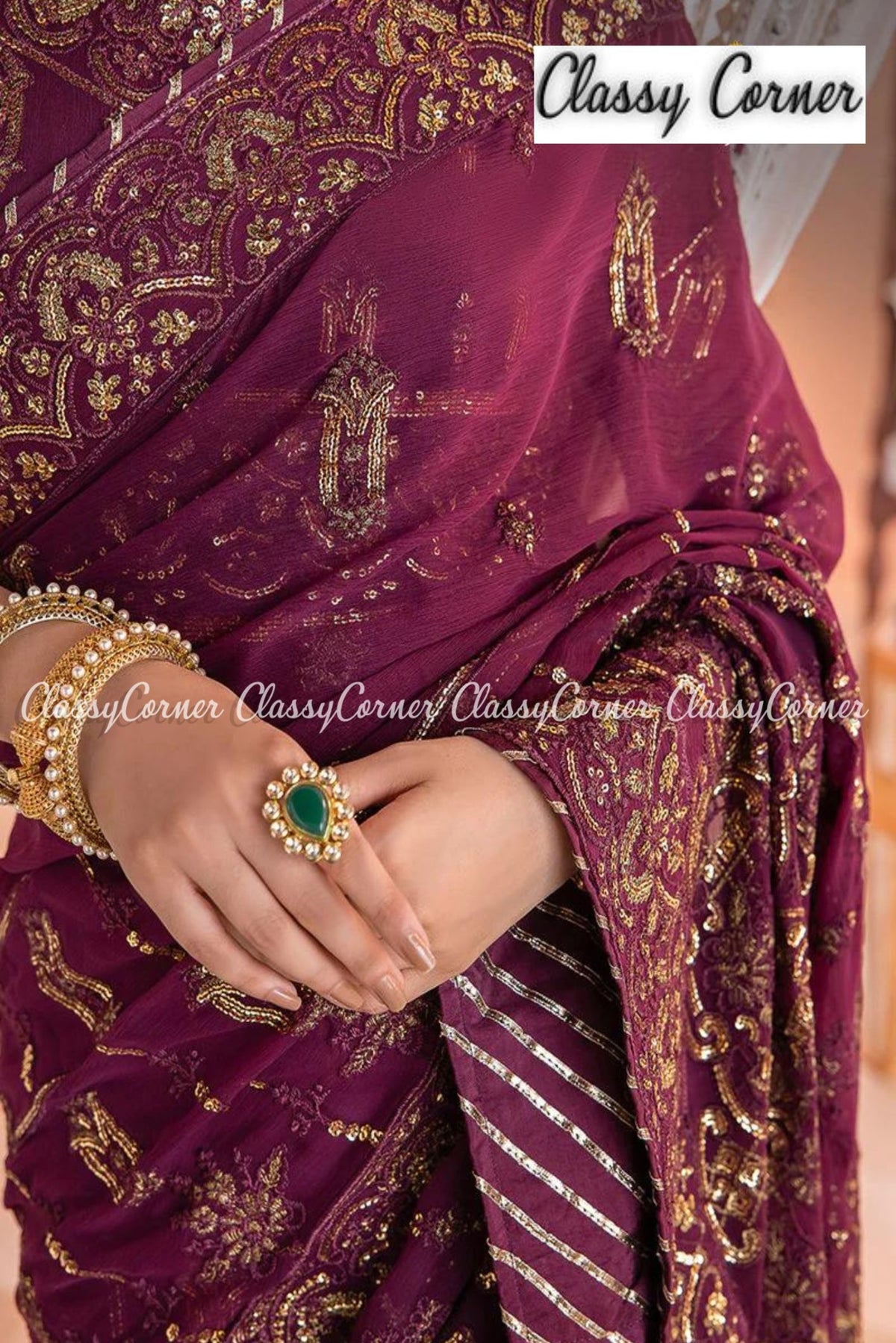 Purple Golden Chiffon Party Wear Saree