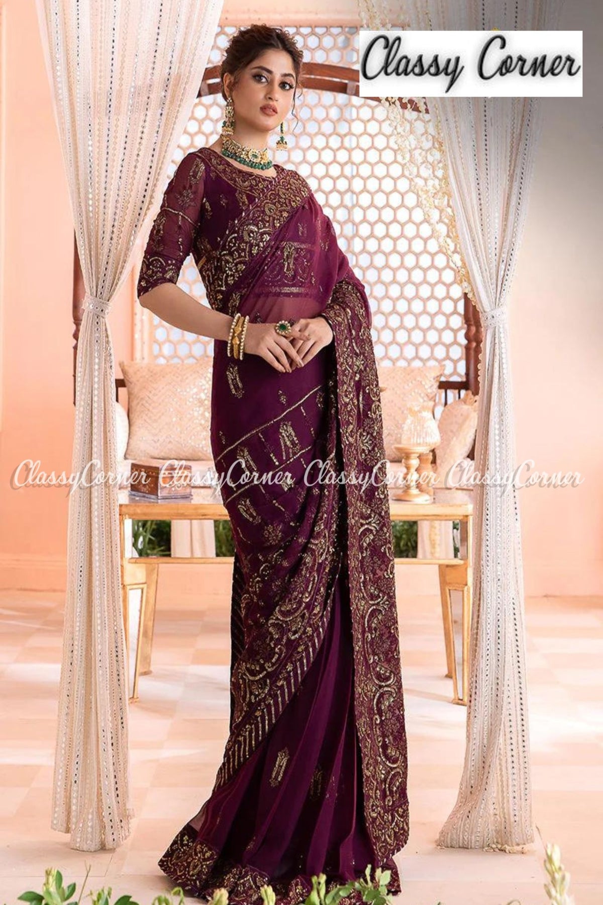 Purple Golden Chiffon Party Wear Saree