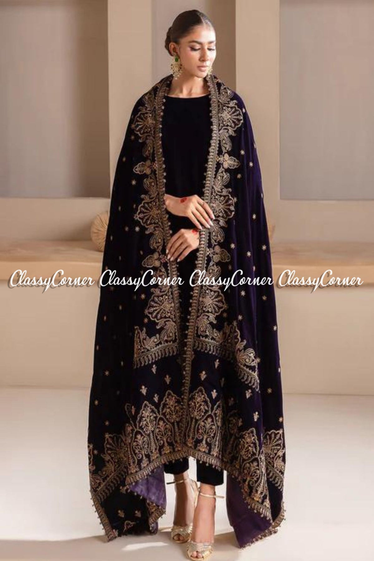 Purple Golden Velvet Embroidered Wedding Wear Shawl