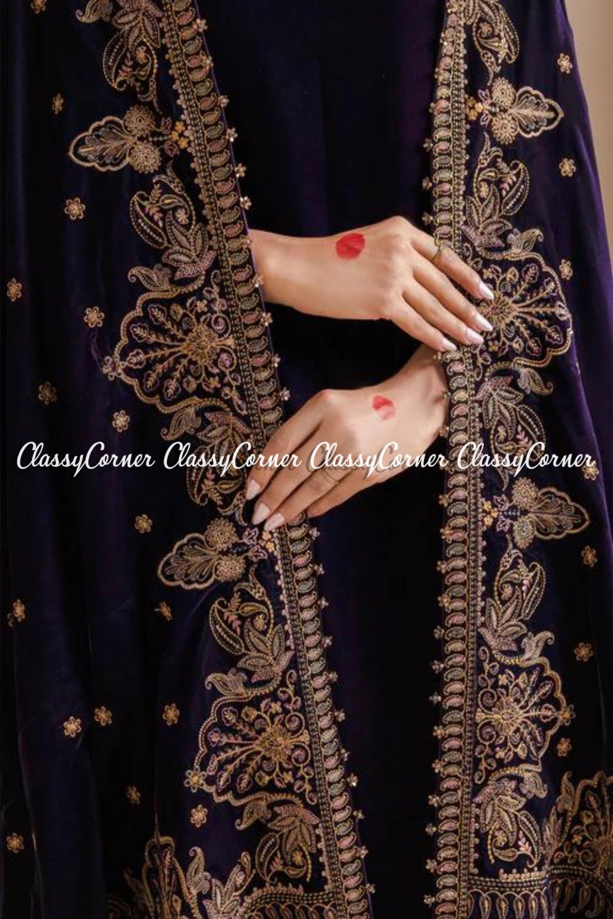 Purple Golden Velvet Embroidered Wedding Wear Shawl