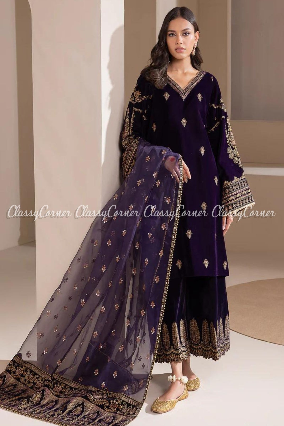 Purple Golden Embroidered Velvet Party Wear Suit