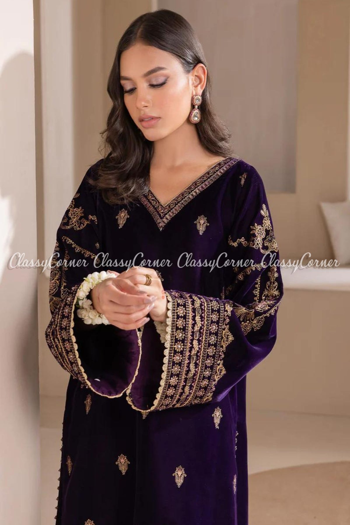 Purple Golden Embroidered Velvet Party Wear Suit