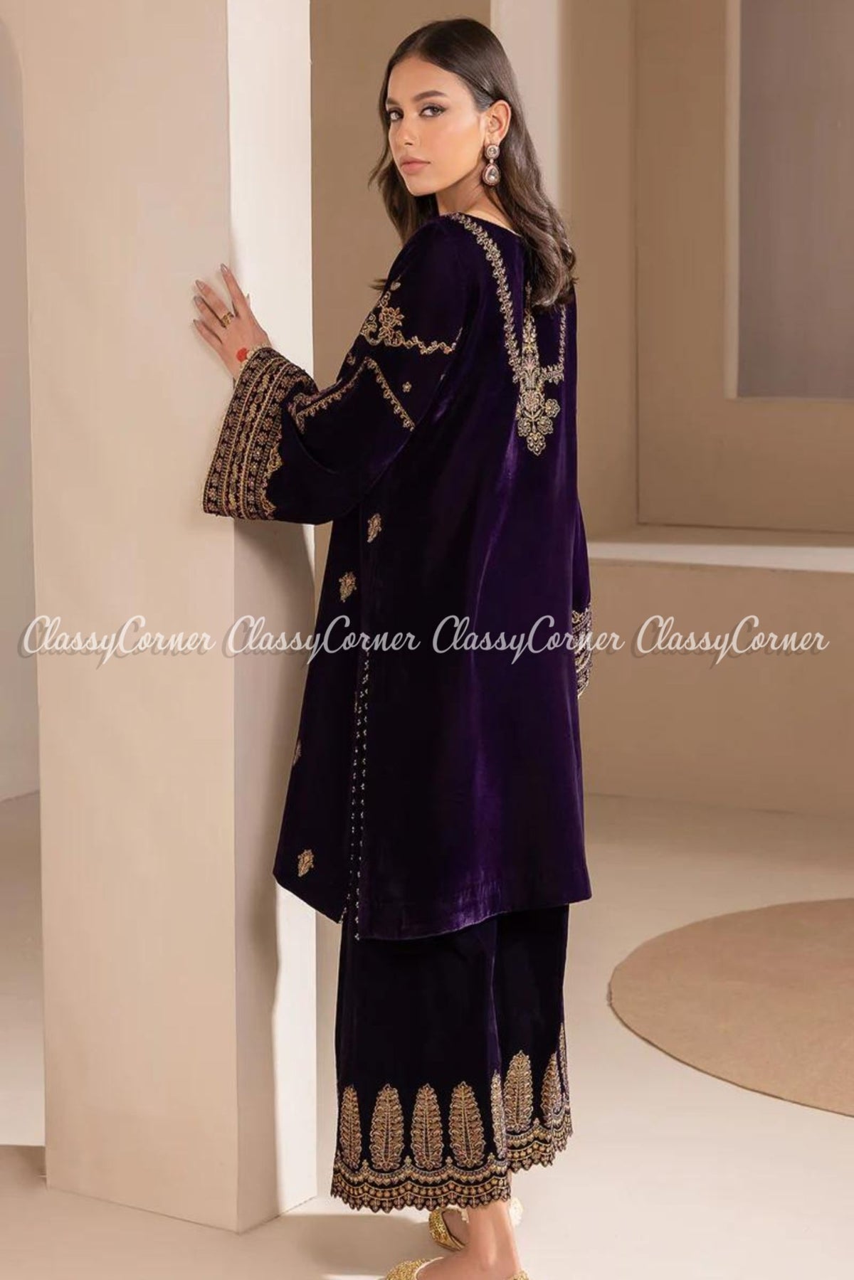 Purple Golden Embroidered Velvet Party Wear Suit