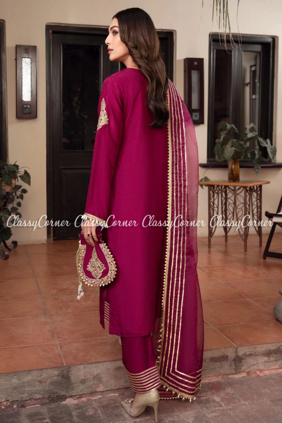 Purple Golden Khaddi Silk Party Wear Outfit