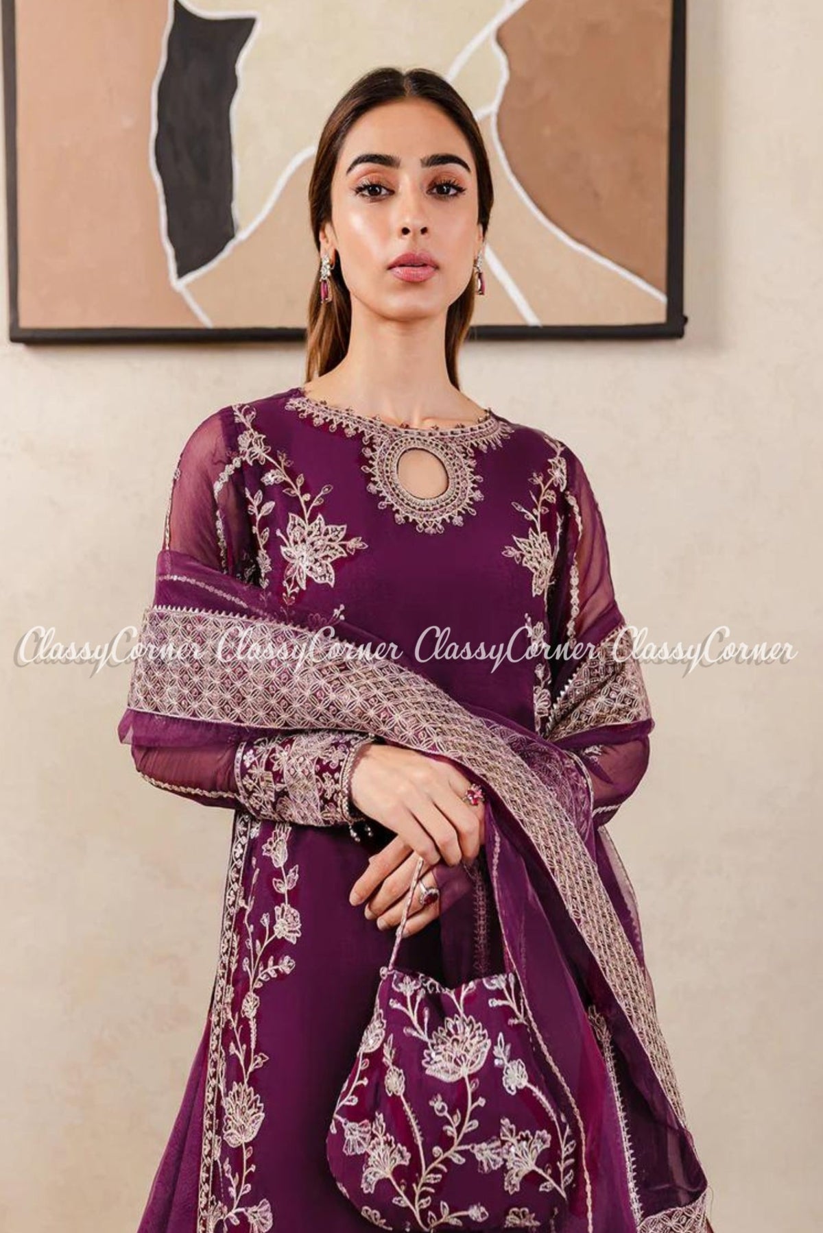 Plum Chiffon Embroidered Pakistani Lehenga Outfit