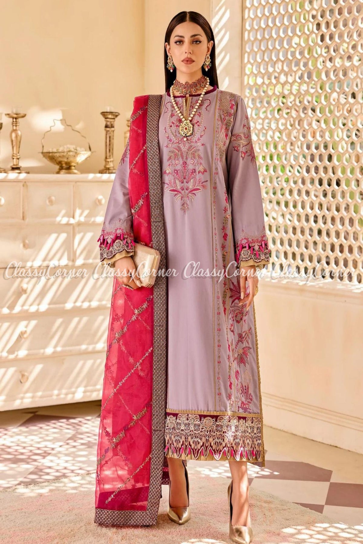 Mauve Pink Embroidered Lawn Formal Wear Salwar Kameez