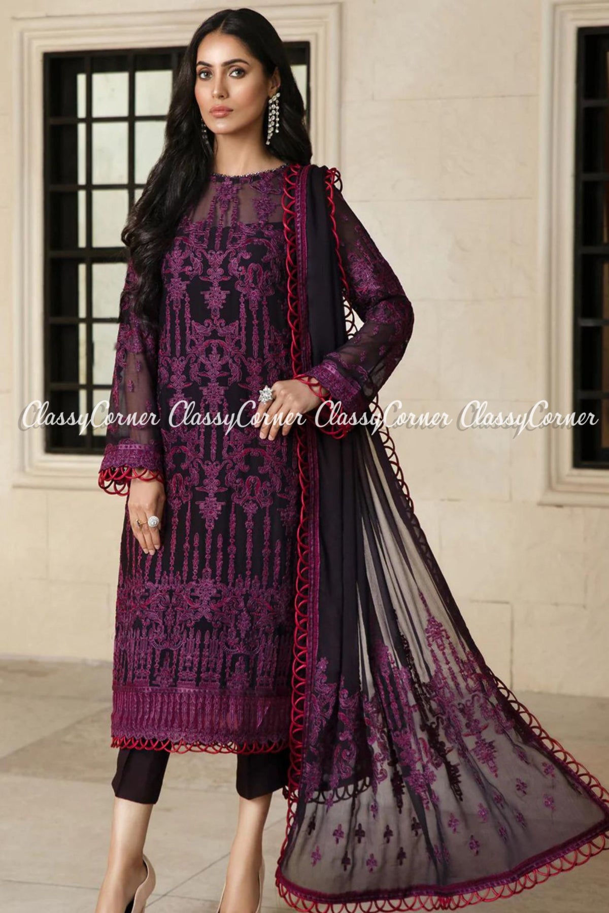 Dark Purple Chiffon Embroidered Pakistani Salwar Kameez