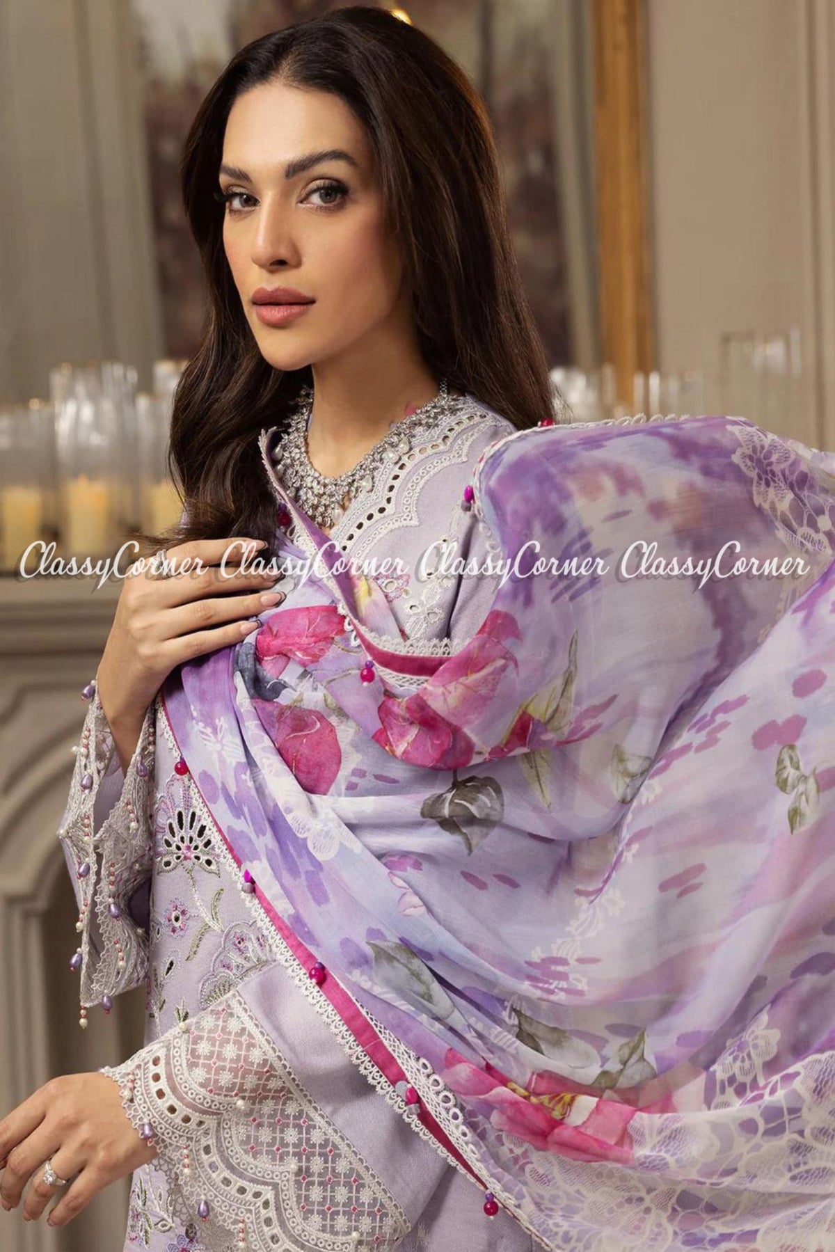 Light Purple White Lawn Embroidered Pakistani Salwar Kameez