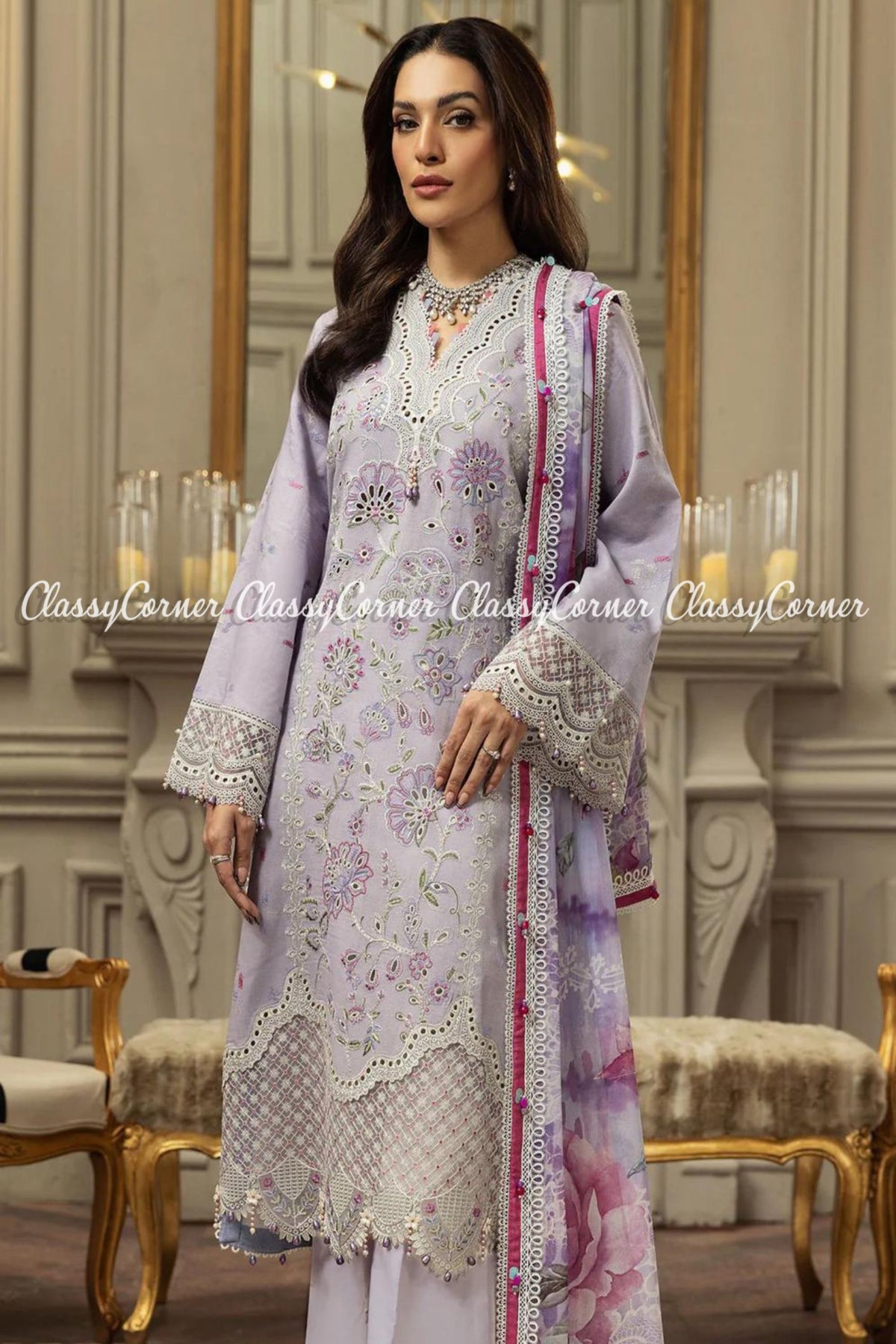 Light Purple White Lawn Embroidered Pakistani Salwar Kameez