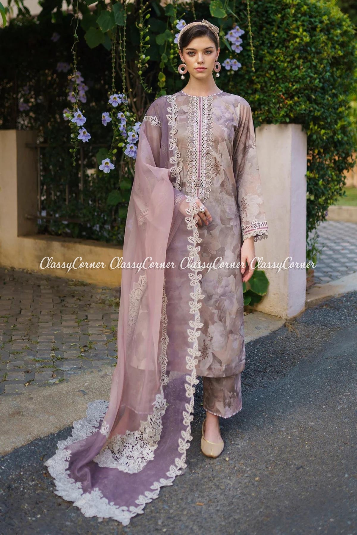 Purple Embroidered Lawn Floral Printed Suit