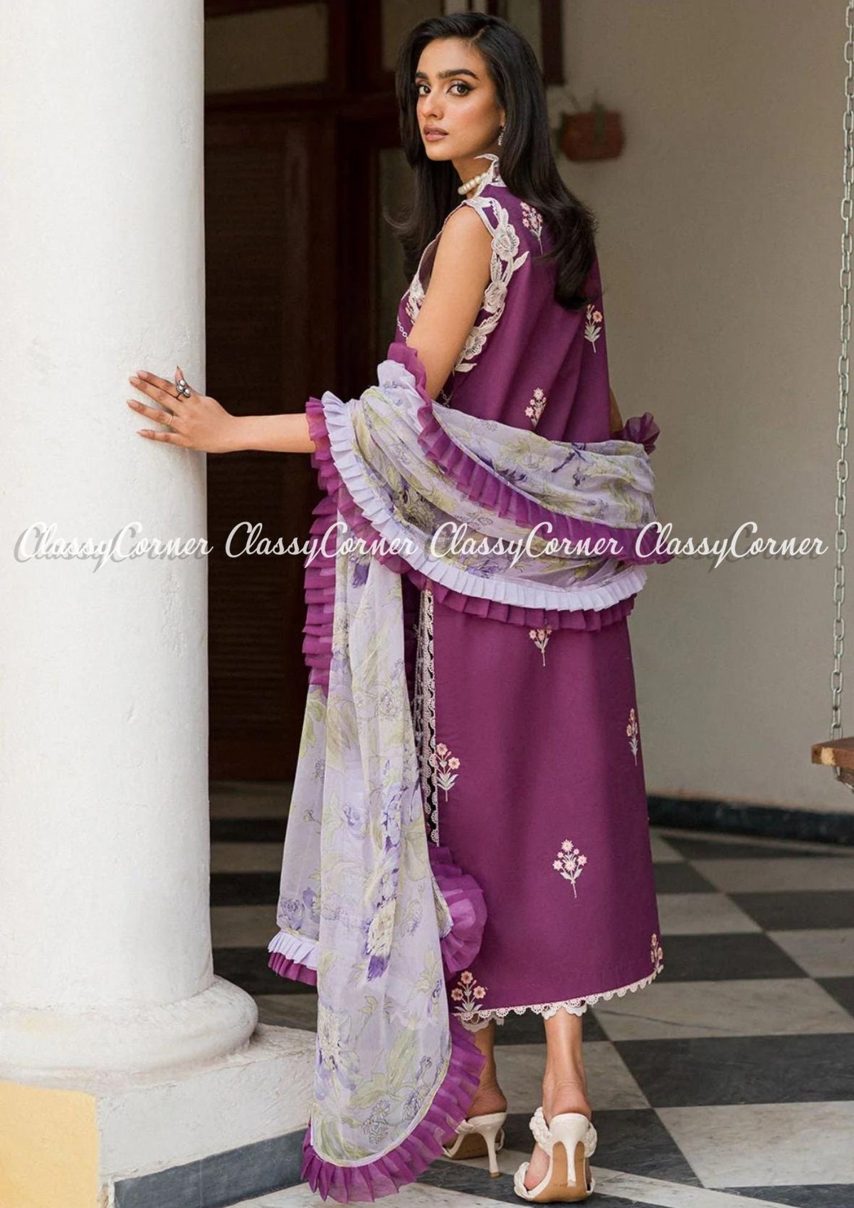 Purple White Lawn Embroidered Pakistani Salwar Kameez