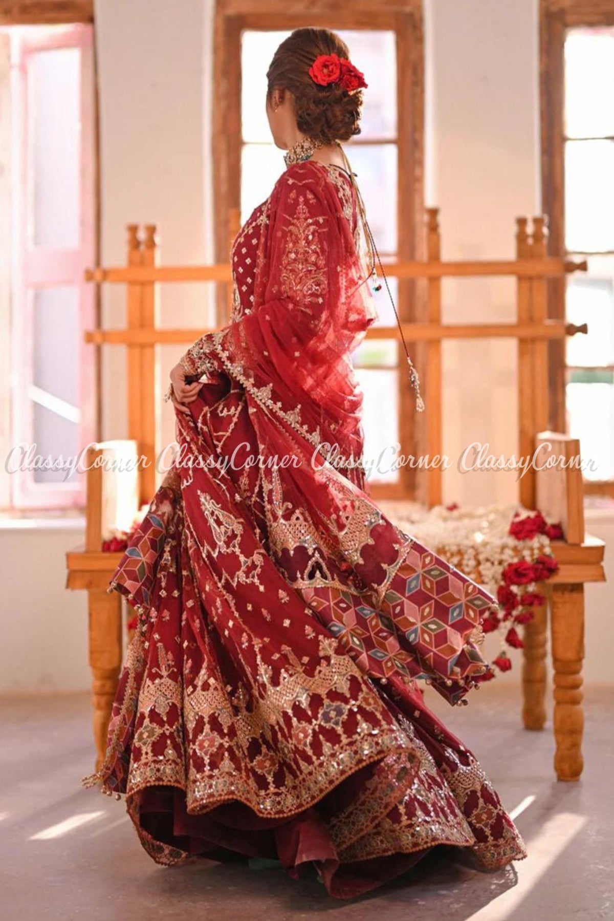 Red Silk Net Embroidered Party Wear Lehenga Dress