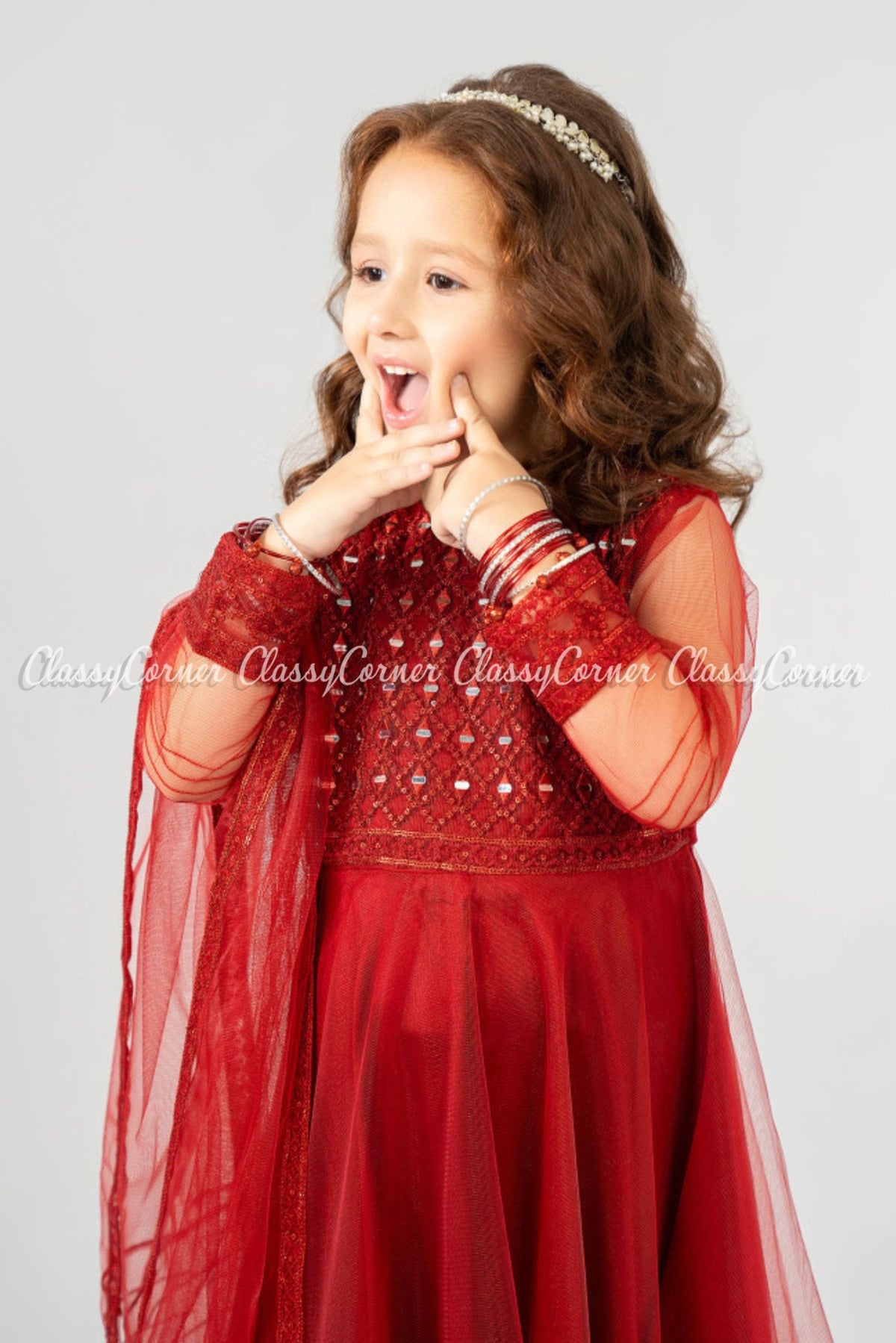 Girls Red Net Embroidered Party Wear Frock Outfit