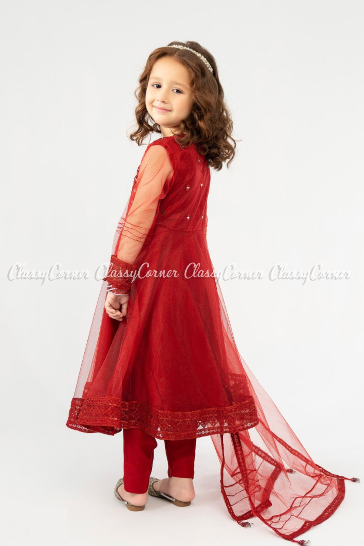 Girls Red Net Embroidered Party Wear Frock Outfit