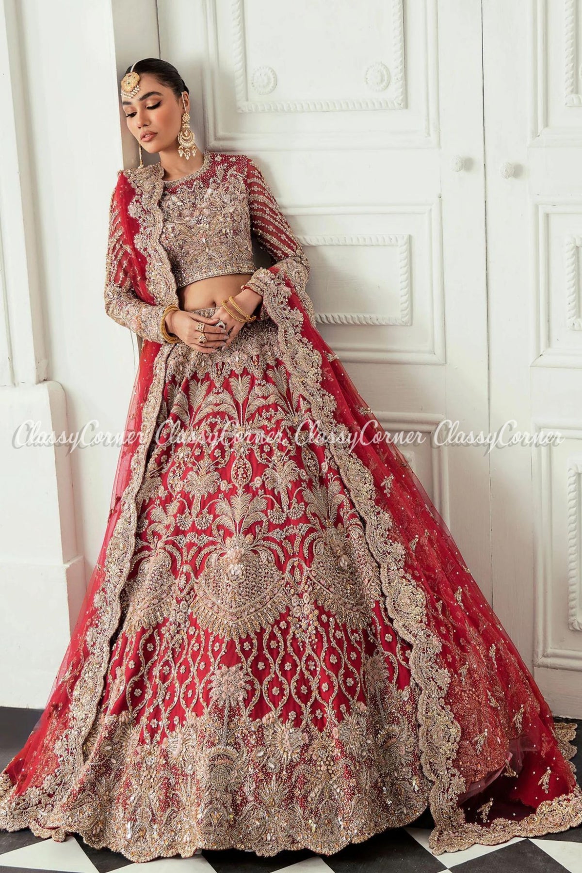 Red Golden Embellished Wedding Wear Lehenga