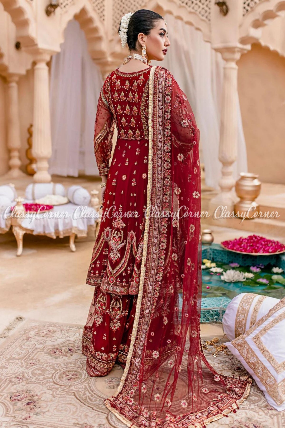 Maroon Red Net Embroidered Wedding Wear Gharara Dress