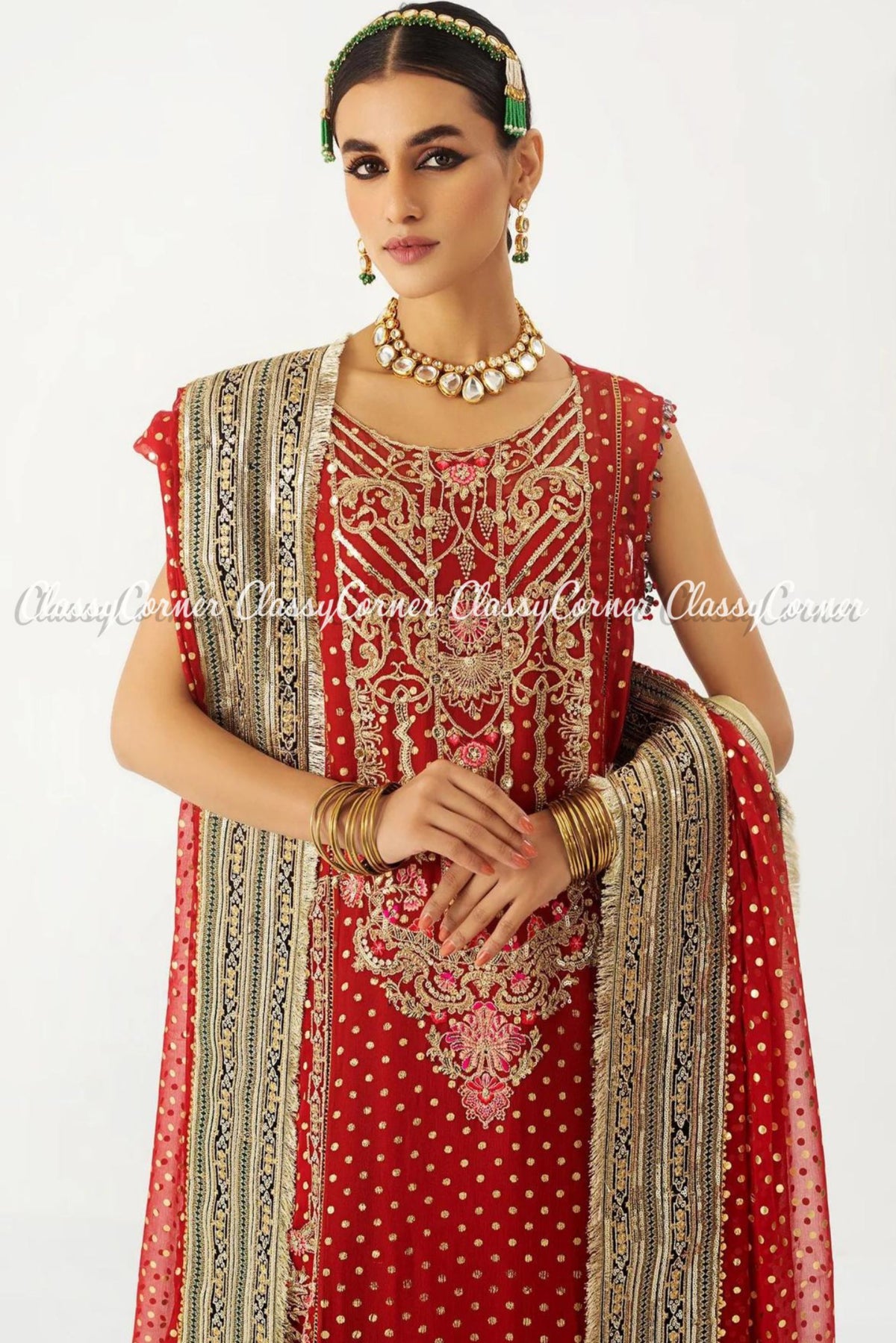 Red Golden Chiffon Embroidered Party Wear 3 Piece Outfit