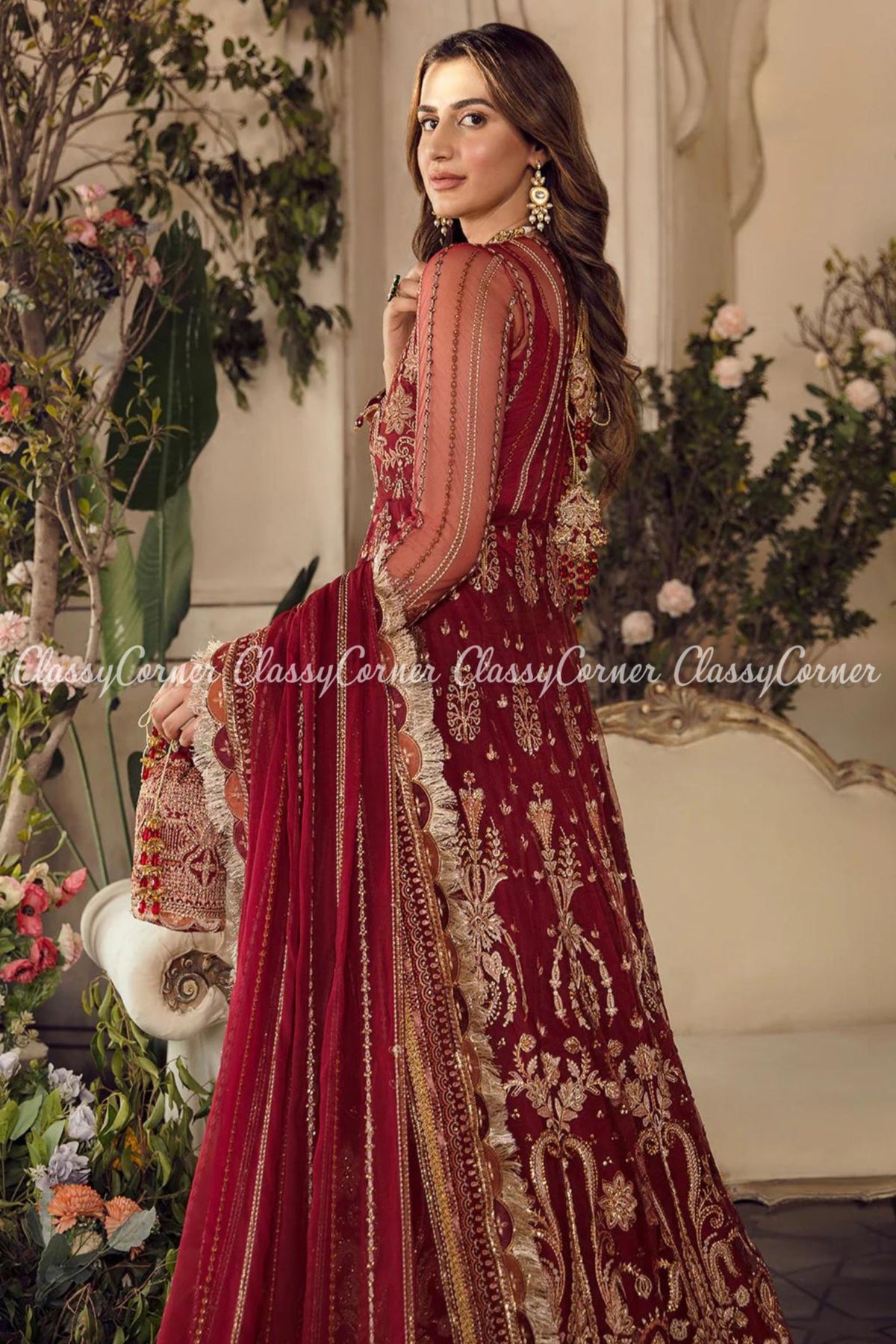 Maroon Red Golden Net Embroidered Wedding Wear Gown