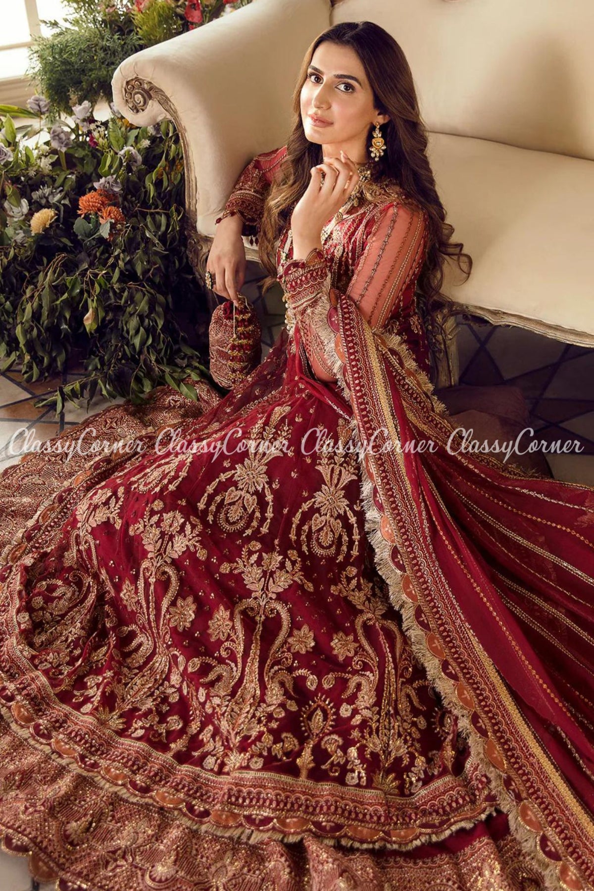 Maroon Red Golden Net Embroidered Wedding Wear Gown